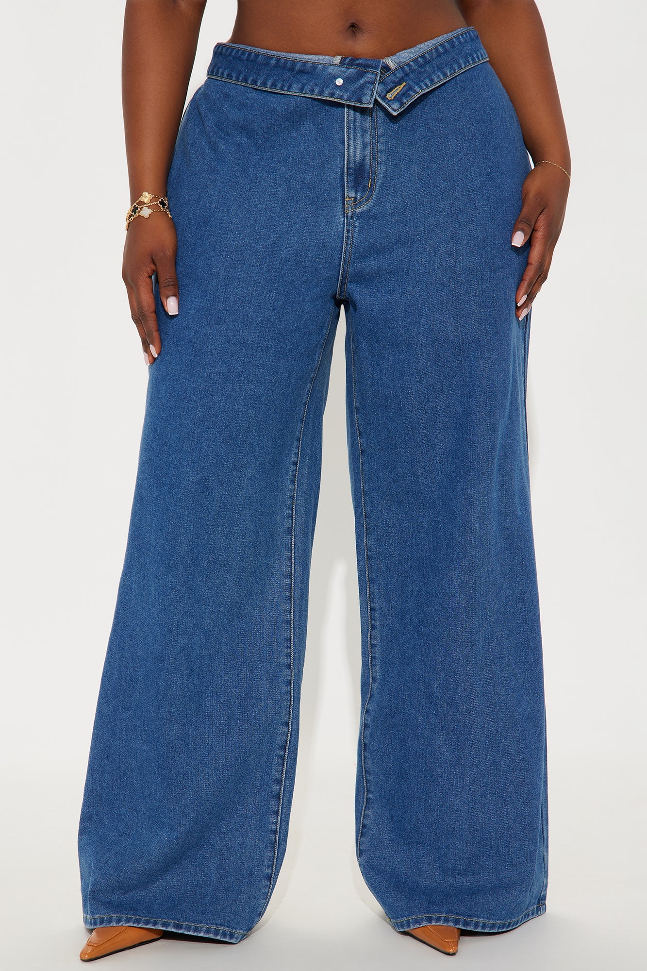 So Inspired Foldover Waistband Trouser Jeans - Medium Wash