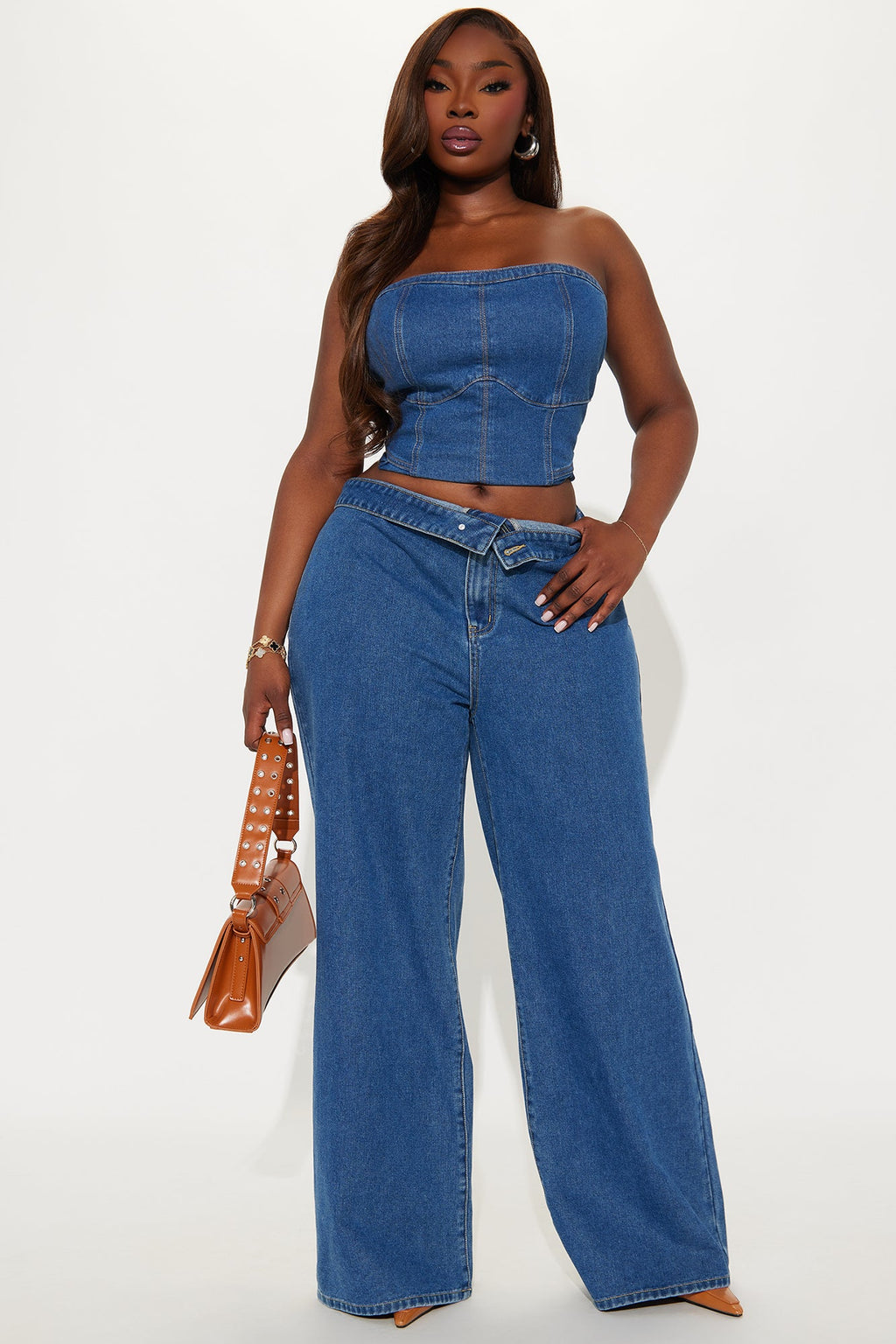 So Inspired Foldover Waistband Trouser Jeans - Medium Wash