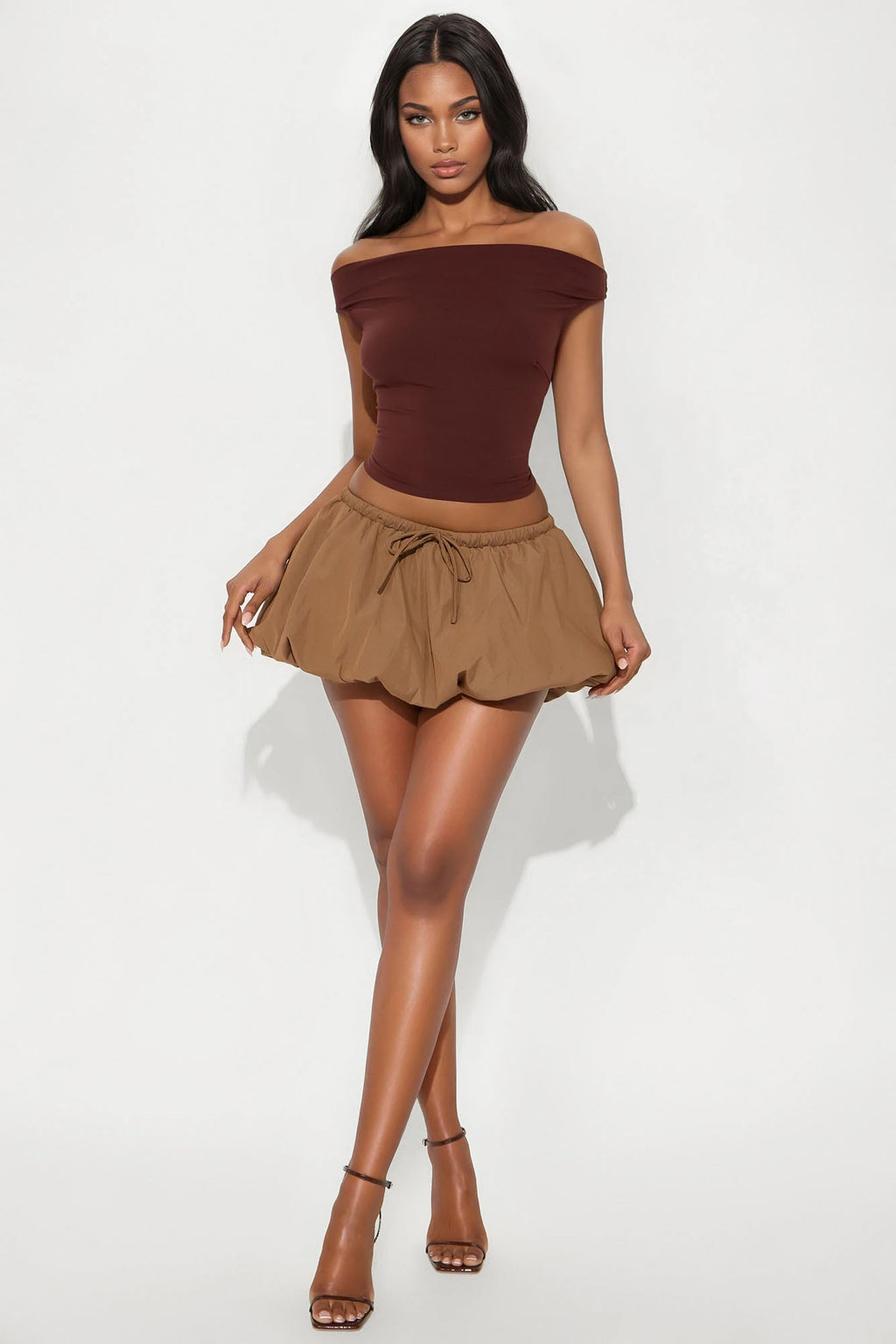 Kiana Crepe Mini Bubble Skirt - Mocha