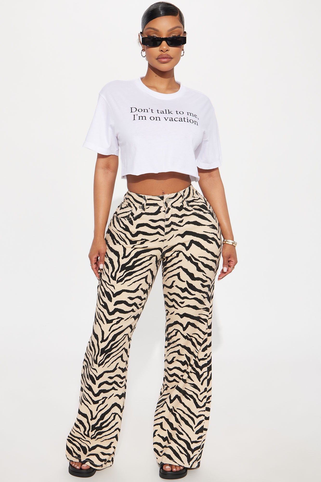 Savanna High Rise Printed Flare Jeans - Cream/combo