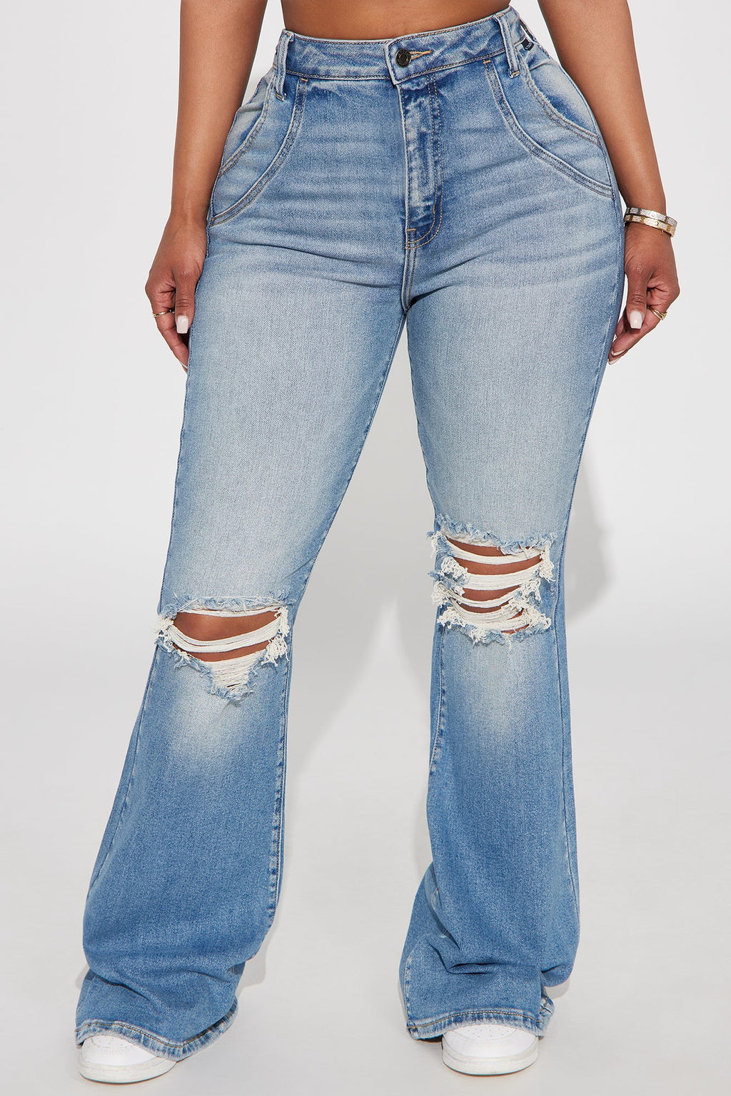 Latest Scoop Ripped High Rise Flare Jeans - Medium Wash