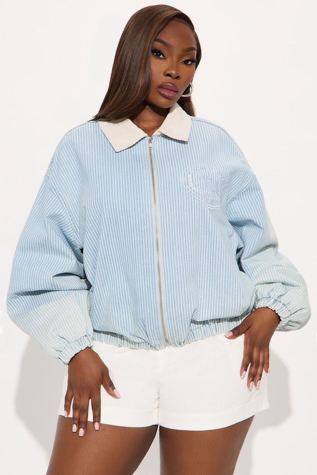 Hamptons Pinstripe Denim Bomber Jacket - Blue/combo