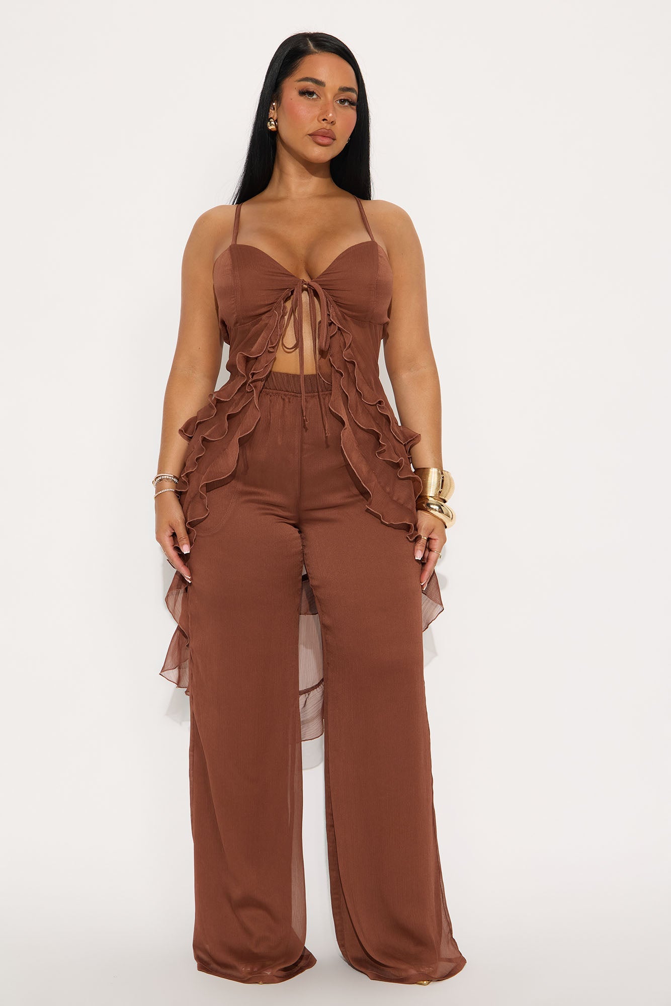 Giana Flowy Chiffon Pant Set - Brown