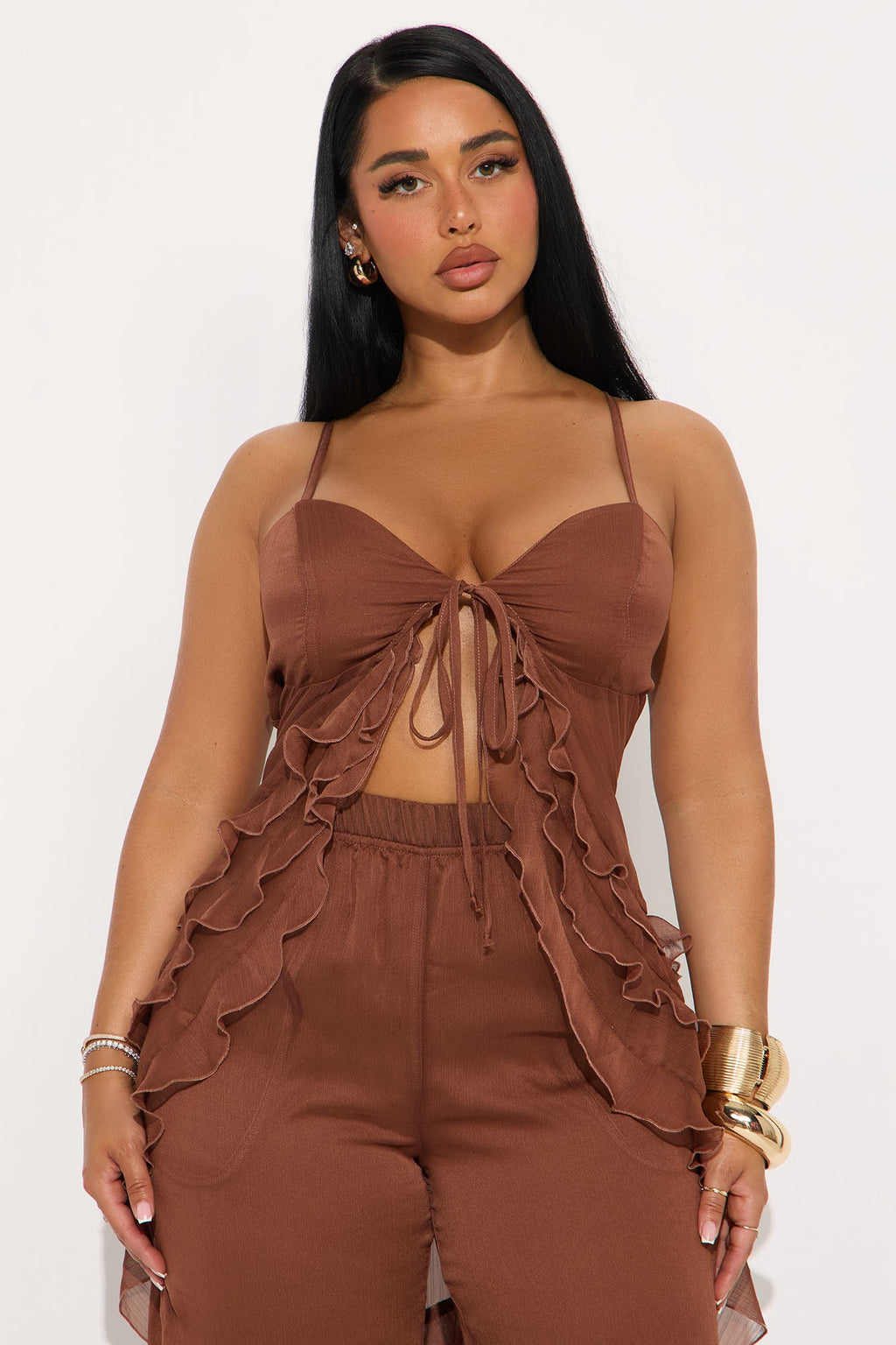 Giana Flowy Chiffon Pant Set - Brown