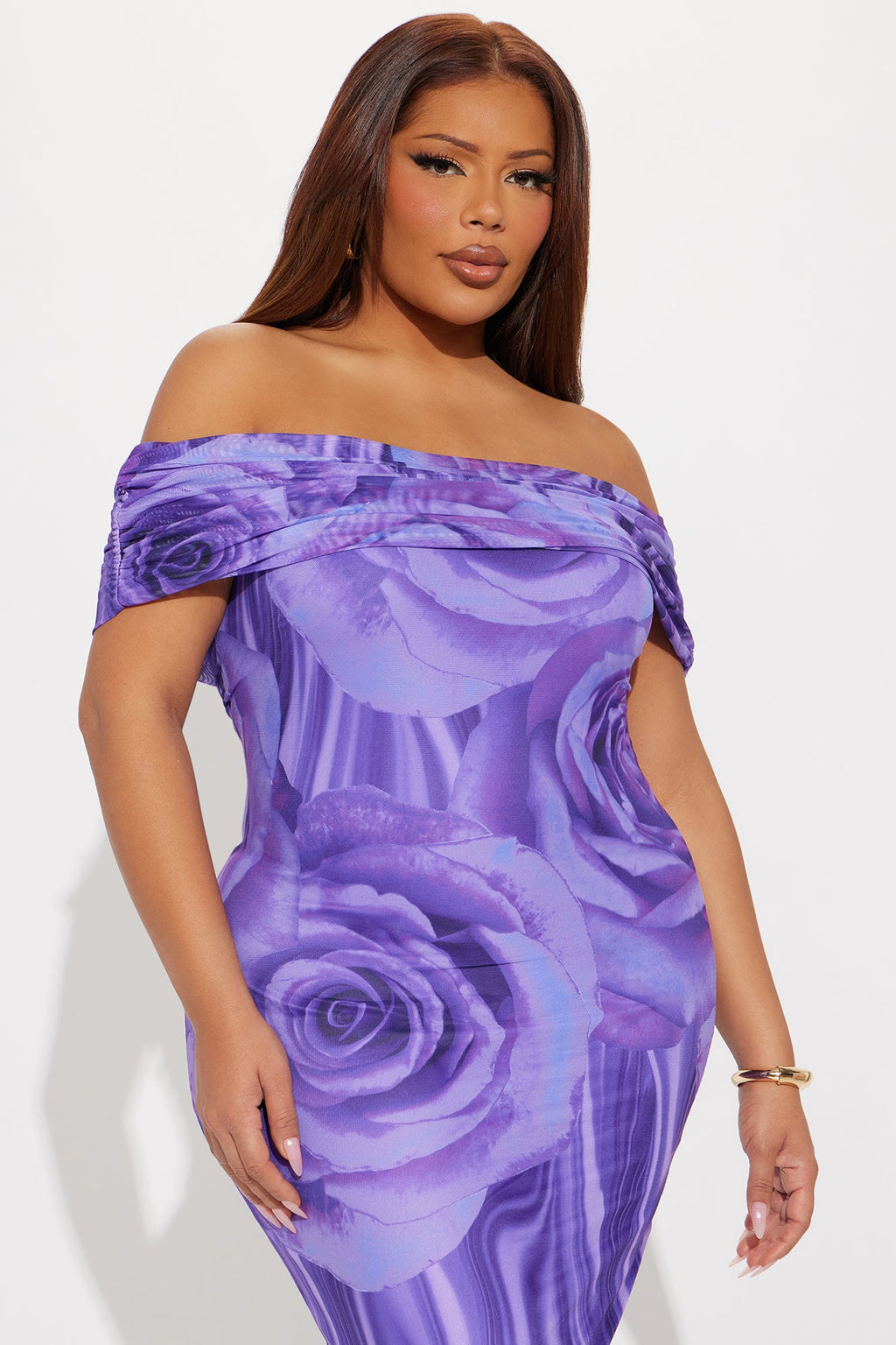 Rosey Mesh Floral Midi Dress - Purple