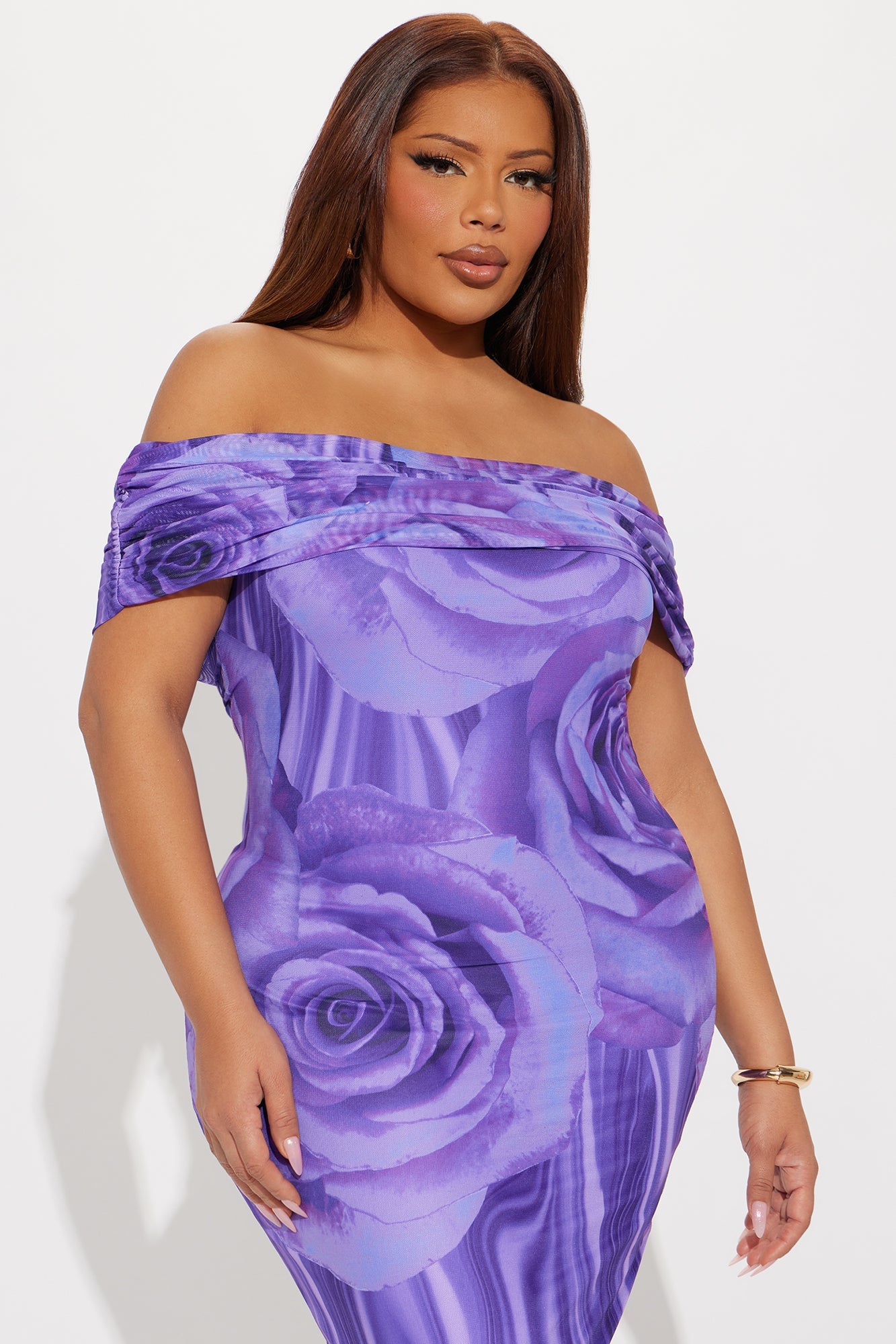Rosey Mesh Floral Midi Dress - Purple