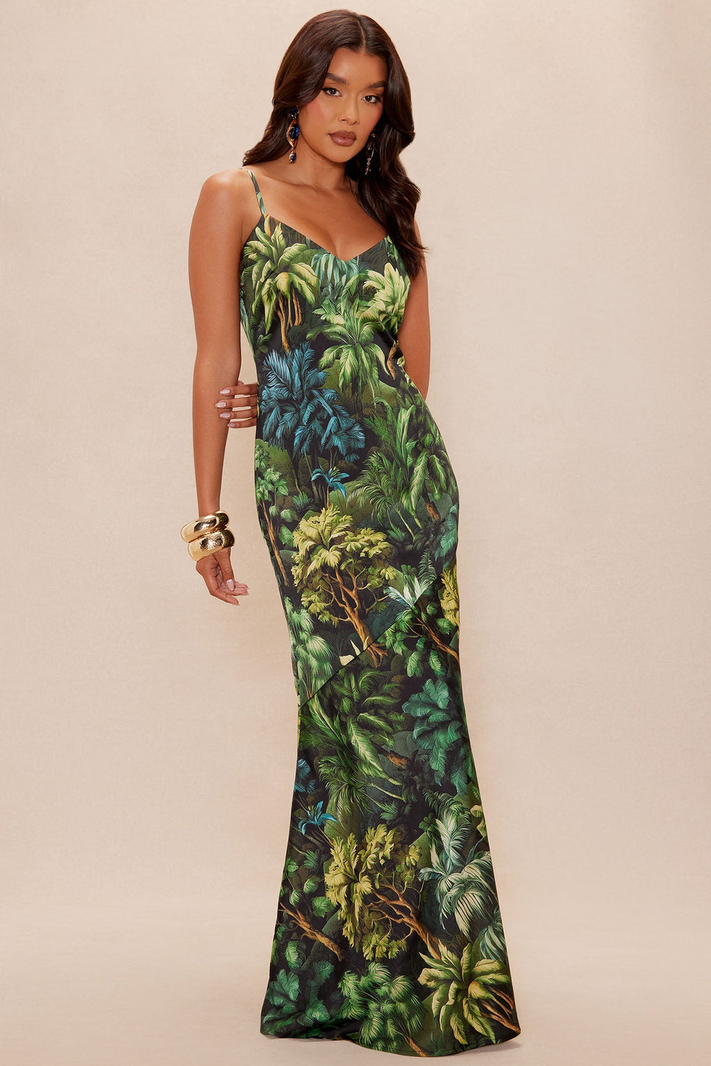 Nali Tropical Satin Maxi Dress - Black/combo