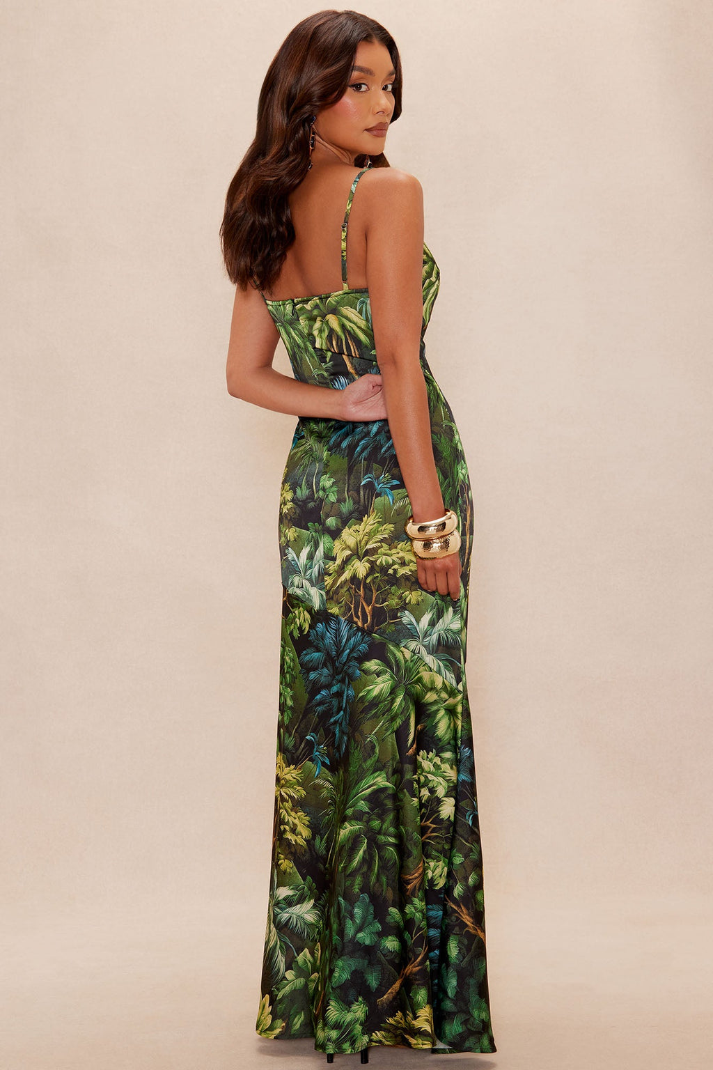 Nali Tropical Satin Maxi Dress - Black/combo