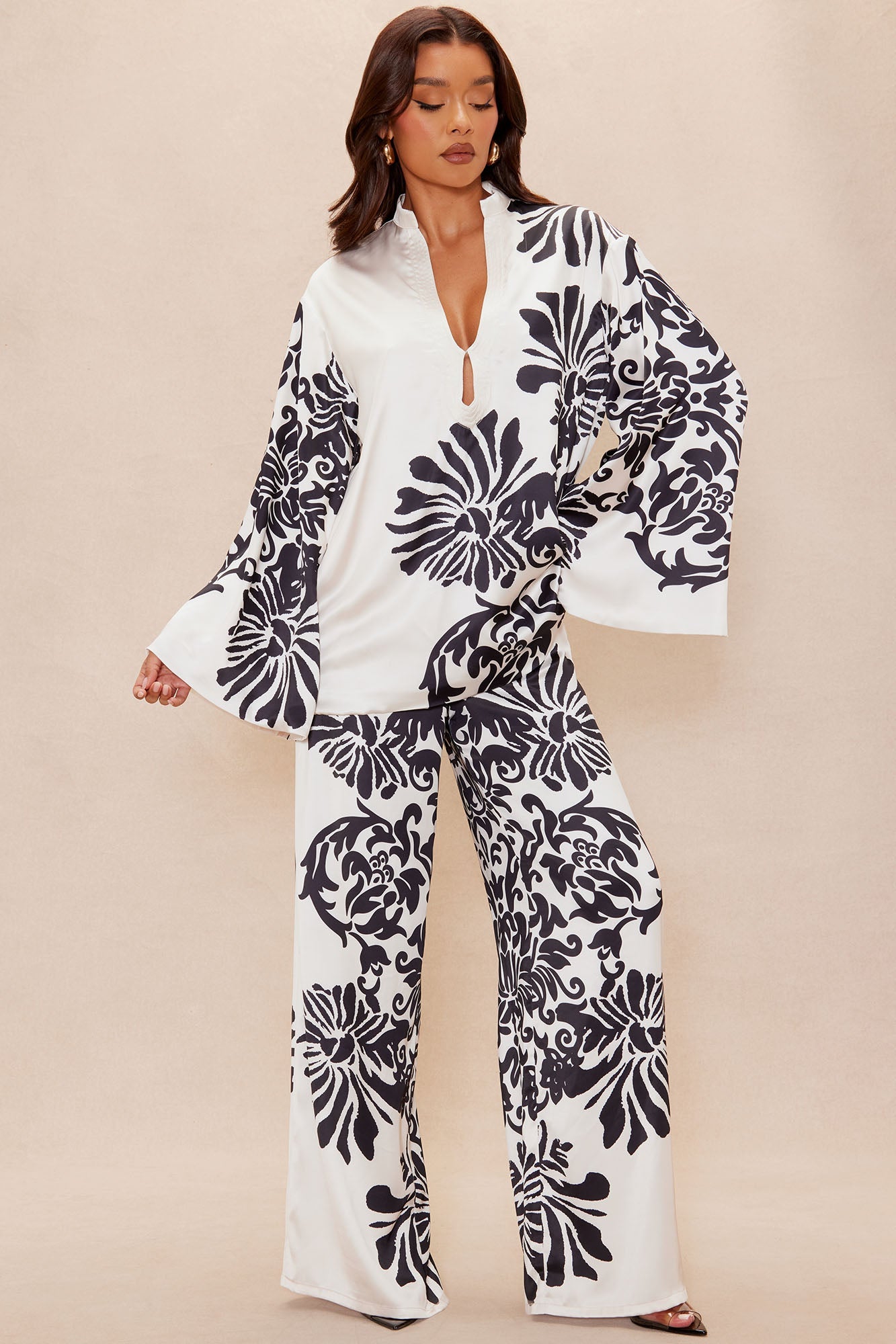 Abina Satin Wide Leg Pant Set - Cream/combo