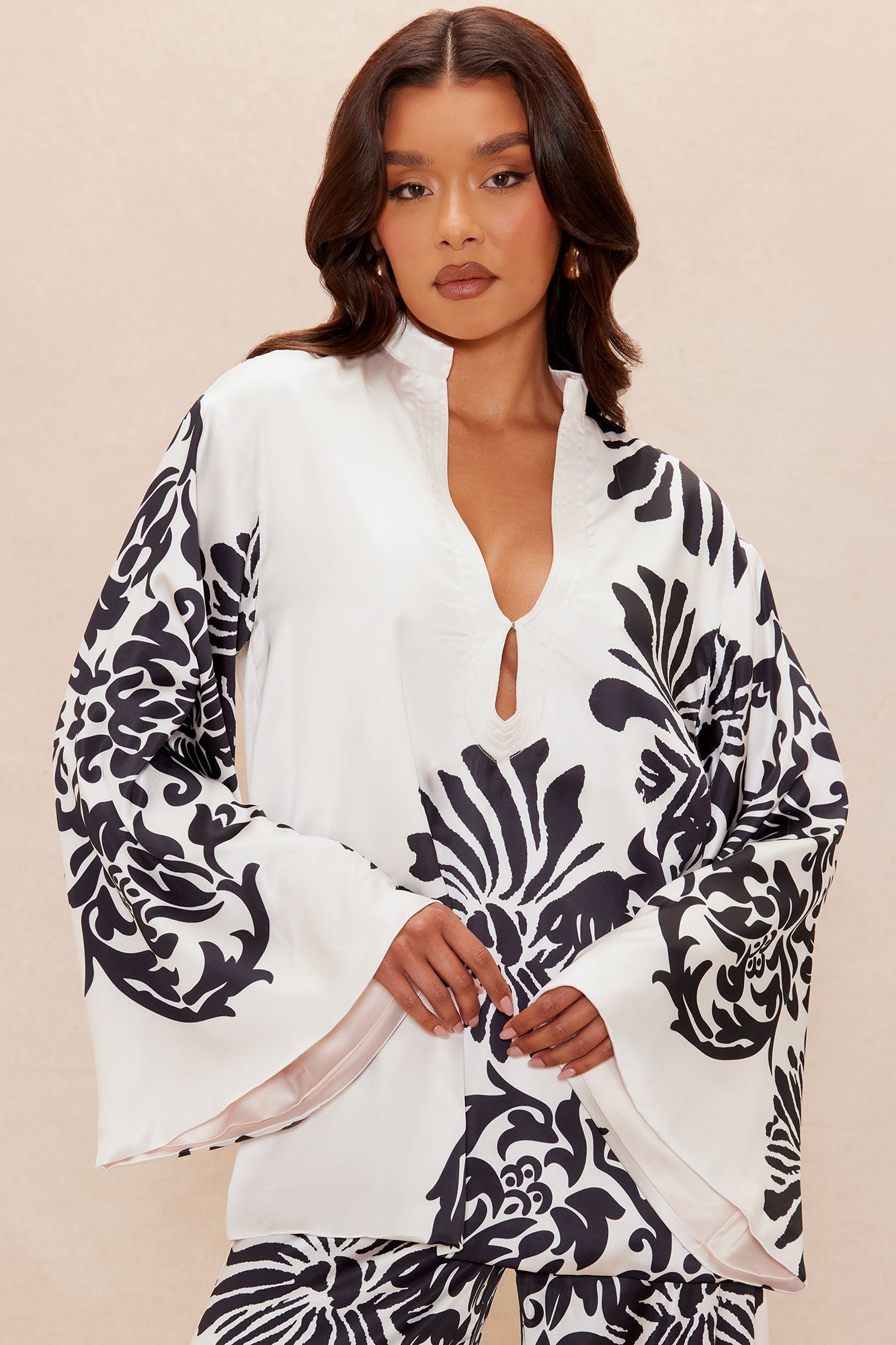 Abina Satin Wide Leg Pant Set - Cream/combo