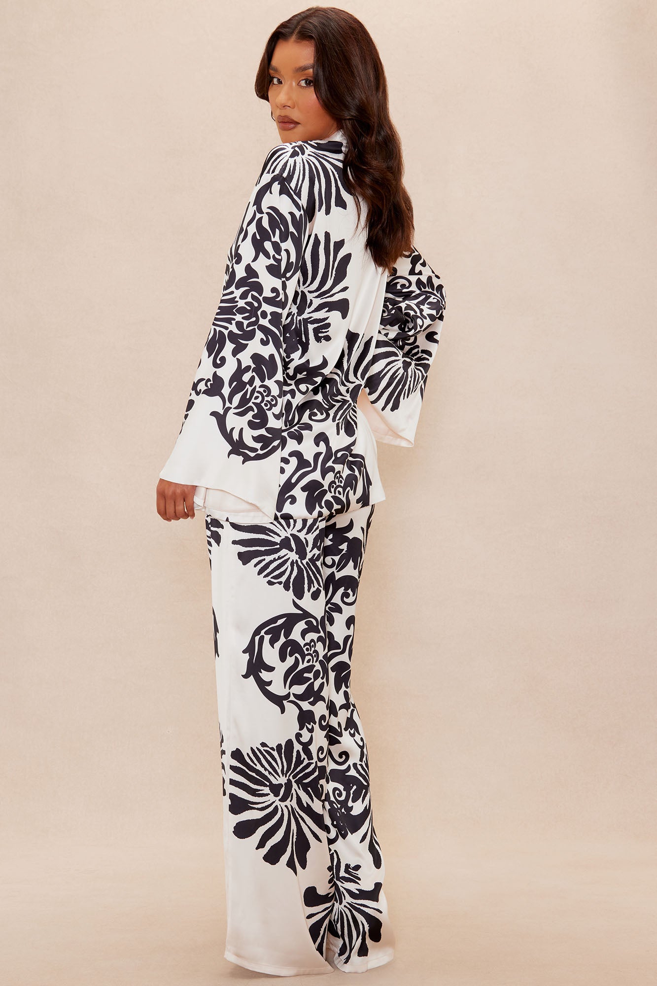 Abina Satin Wide Leg Pant Set - Cream/combo