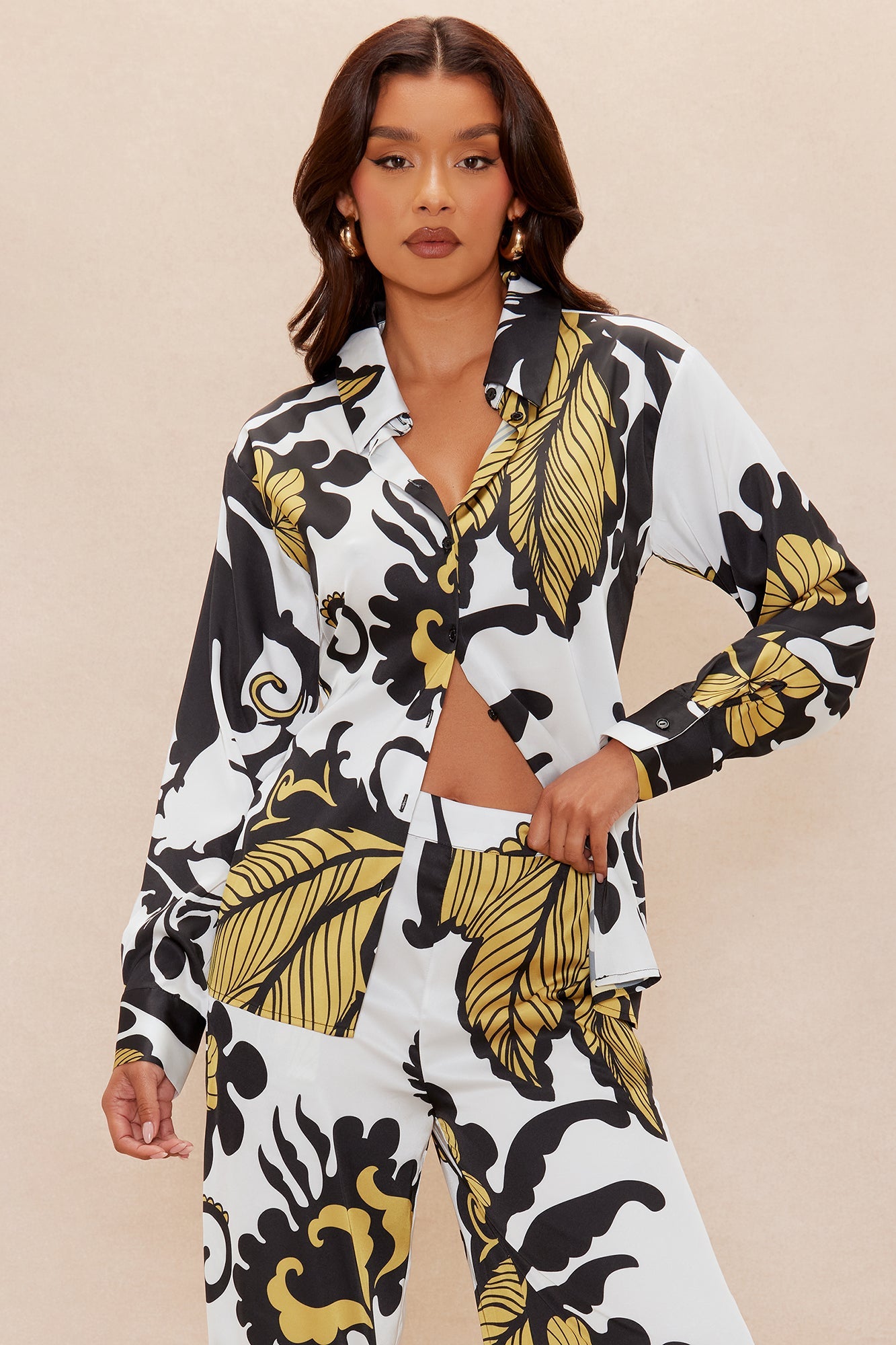 Adima Satin Wide Leg Pant Set - Gold/combo