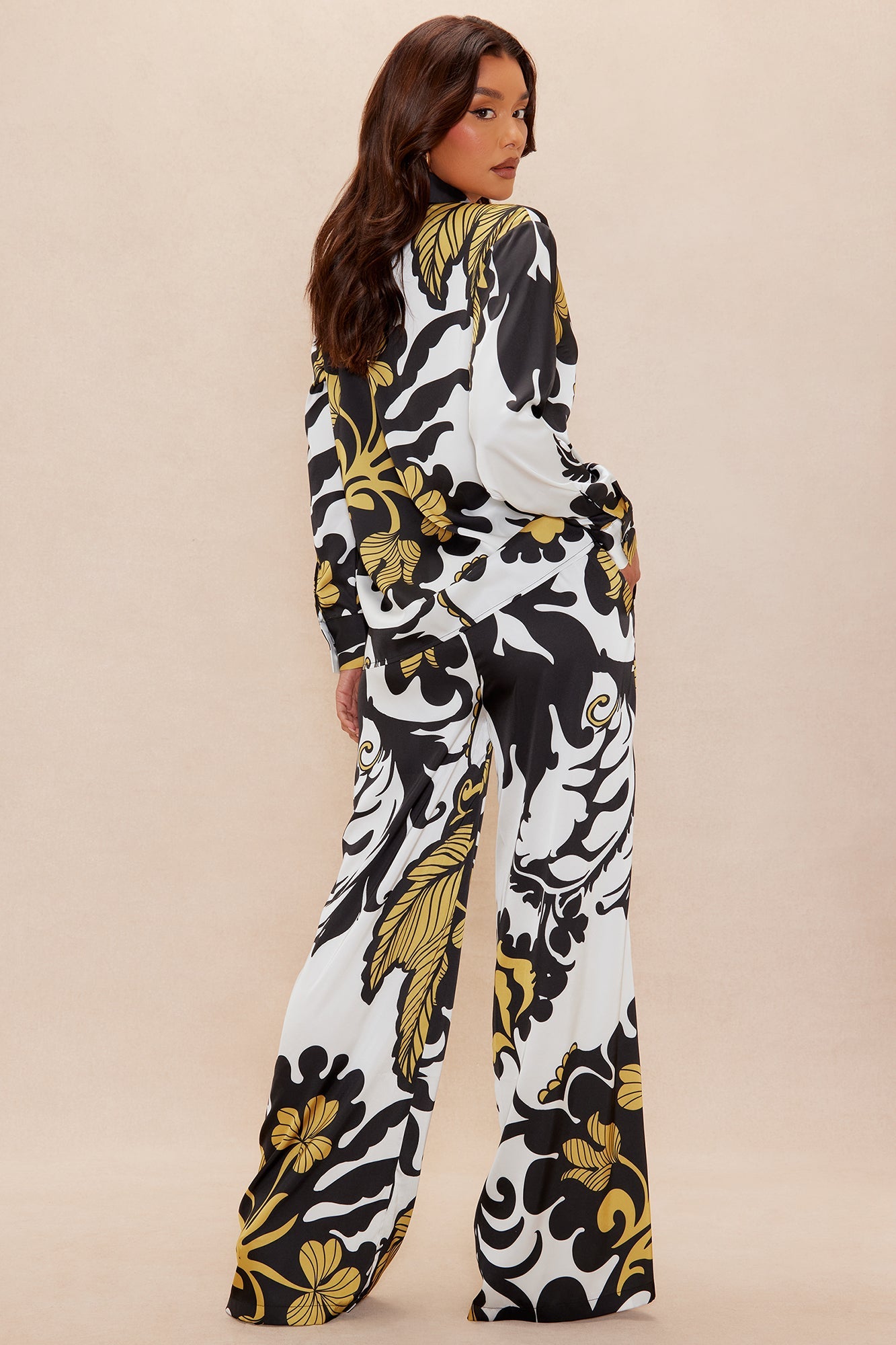 Adima Satin Wide Leg Pant Set - Gold/combo