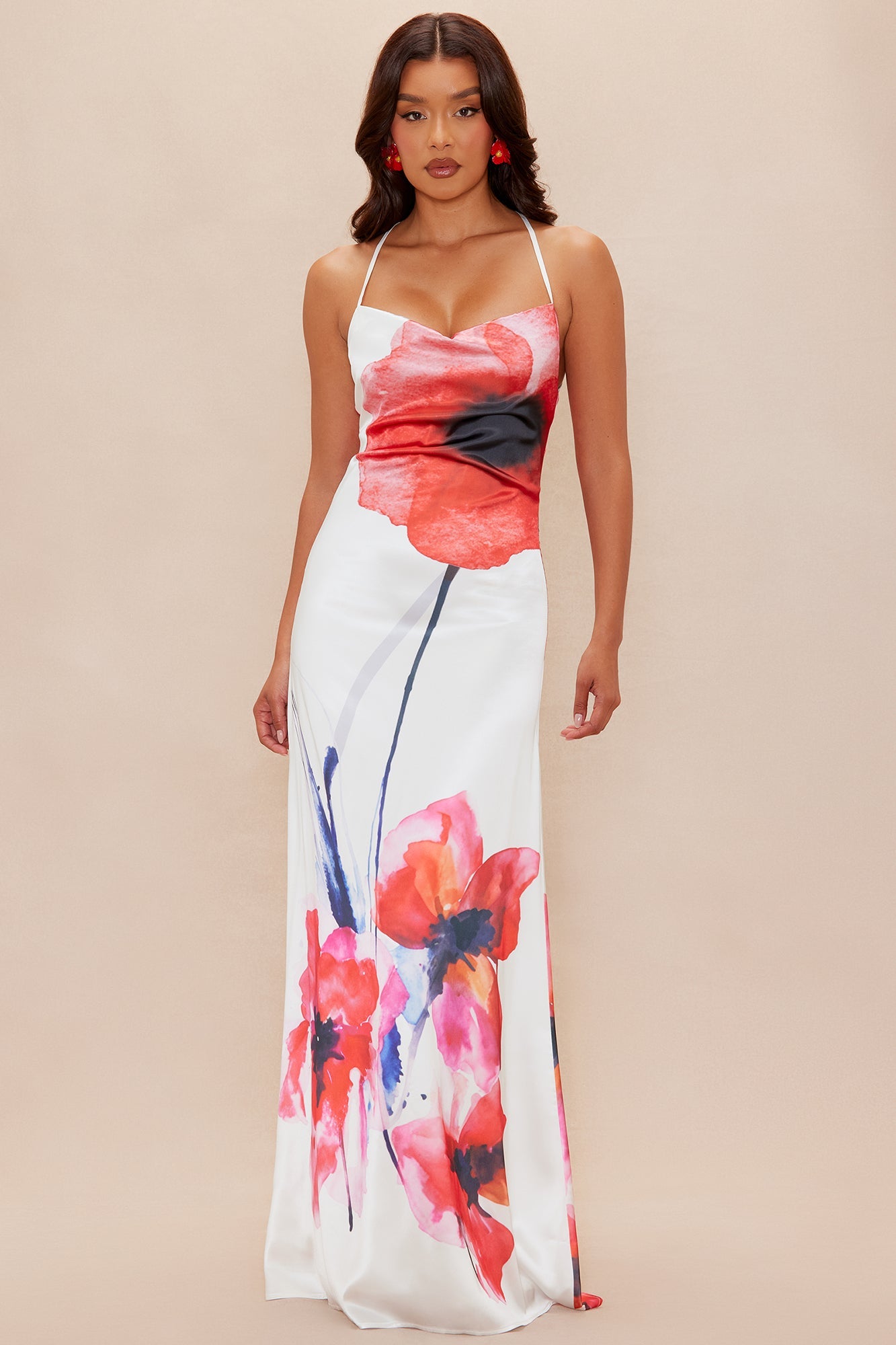 Saterina Floral Satin Maxi Dress - White/combo