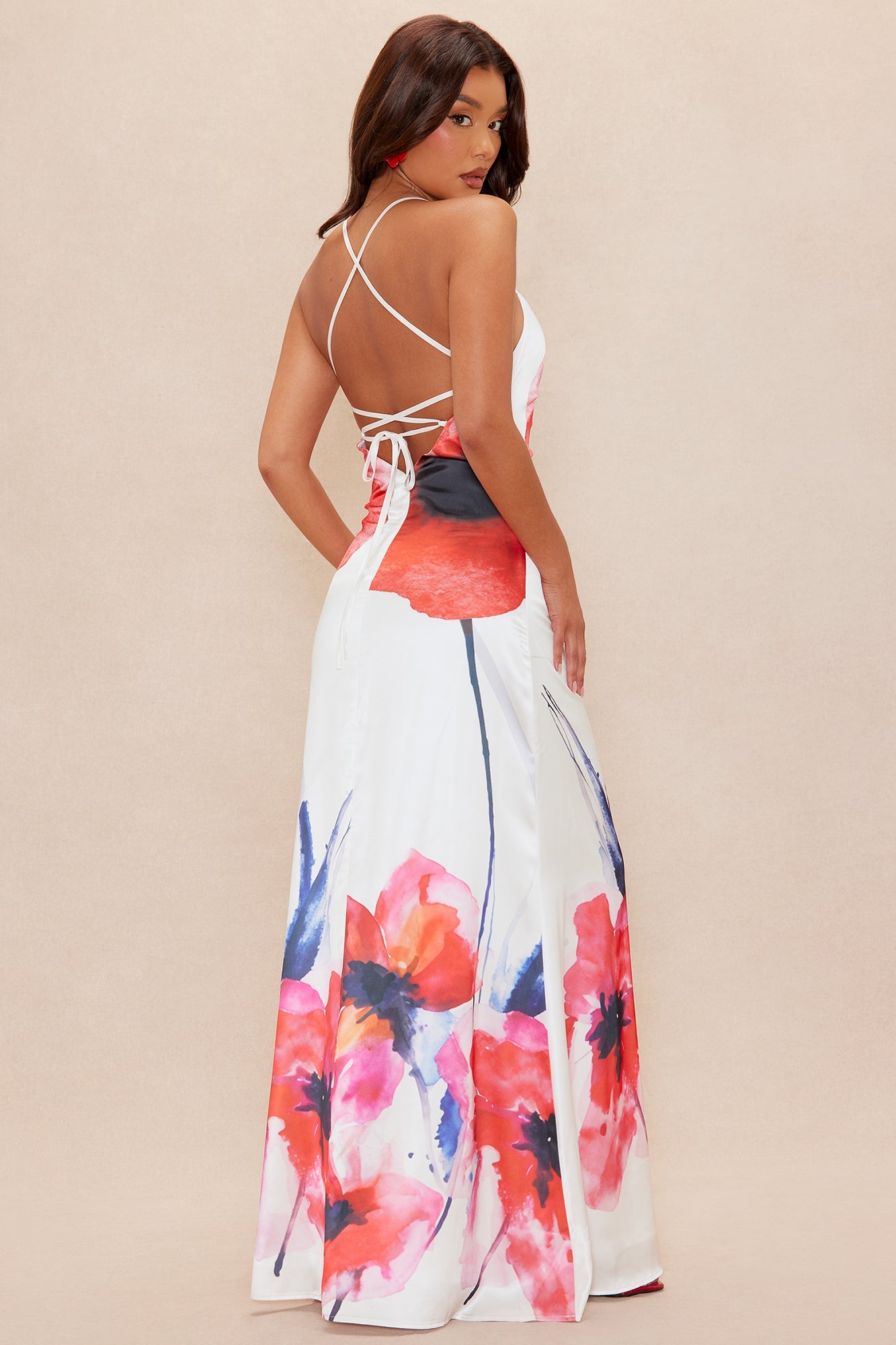 Saterina Floral Satin Maxi Dress - White/combo