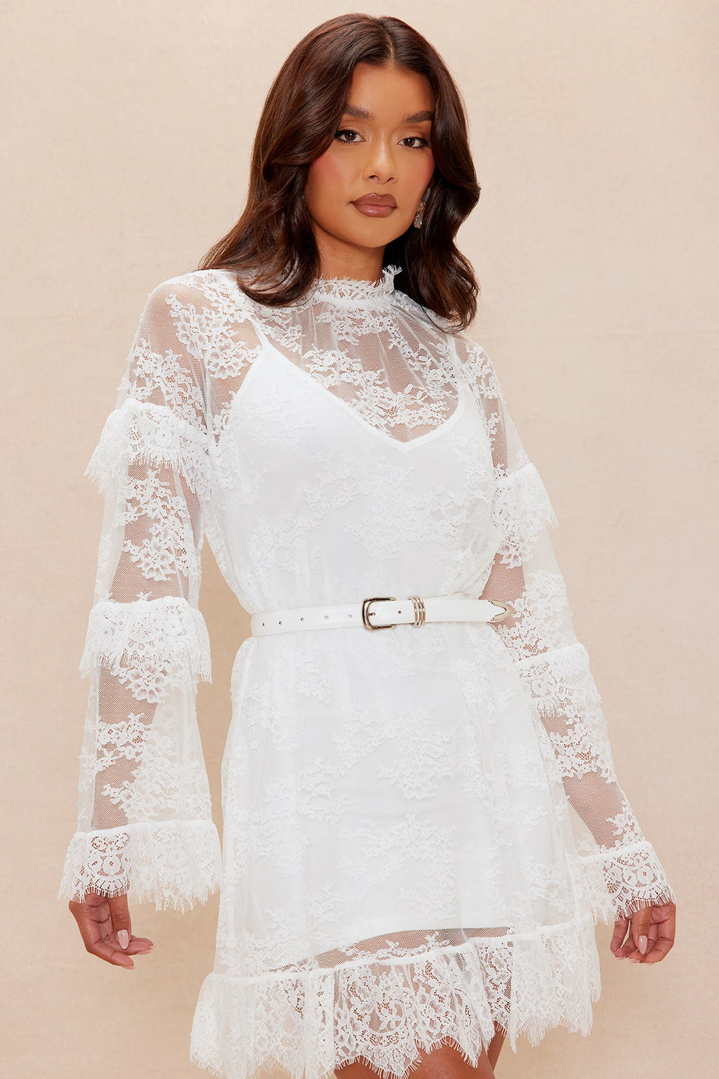 Taylor Ruffle Lace Mini Dress - White