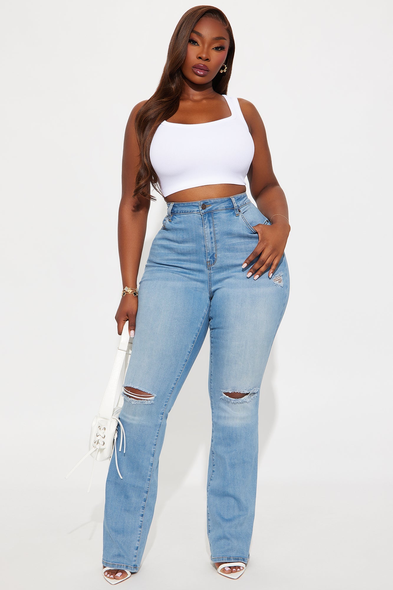 Tall Luxurious Distressed Super Stretch Flare Jeans - Medium Blue Wash