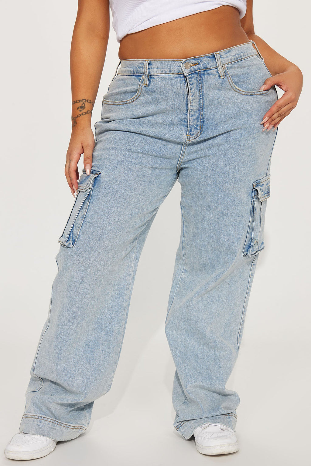 Just A Fling Stretch Straight Leg Cargo Jean - Light Wash