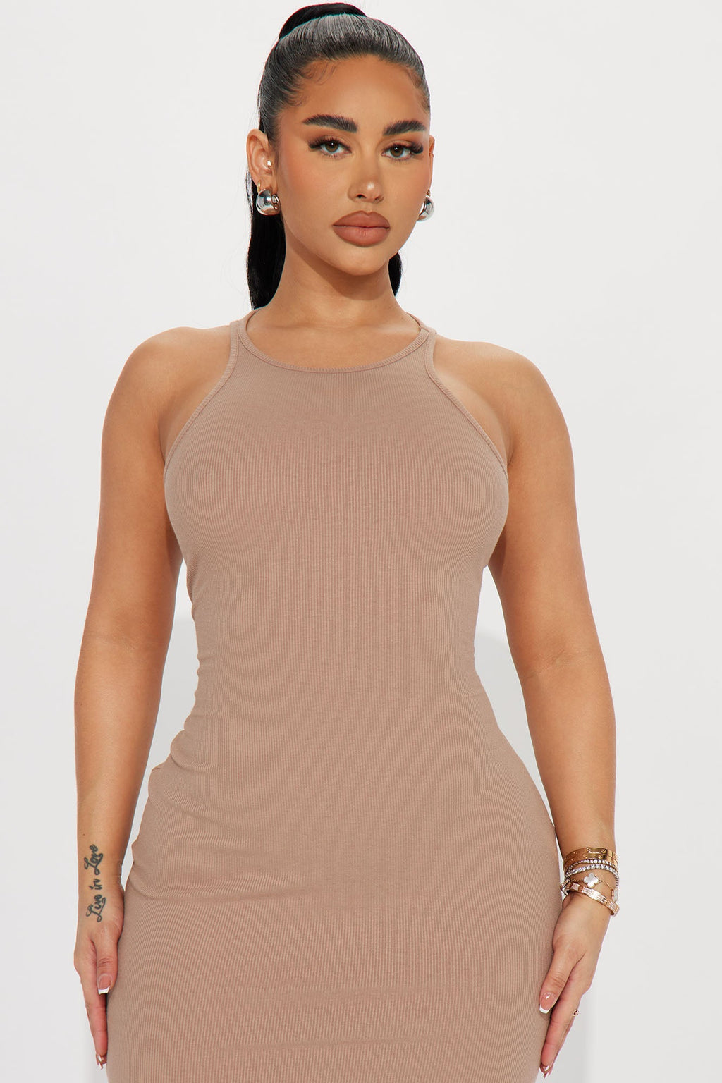 Sleek Chic Ribbed Midi Dress - Taupe
