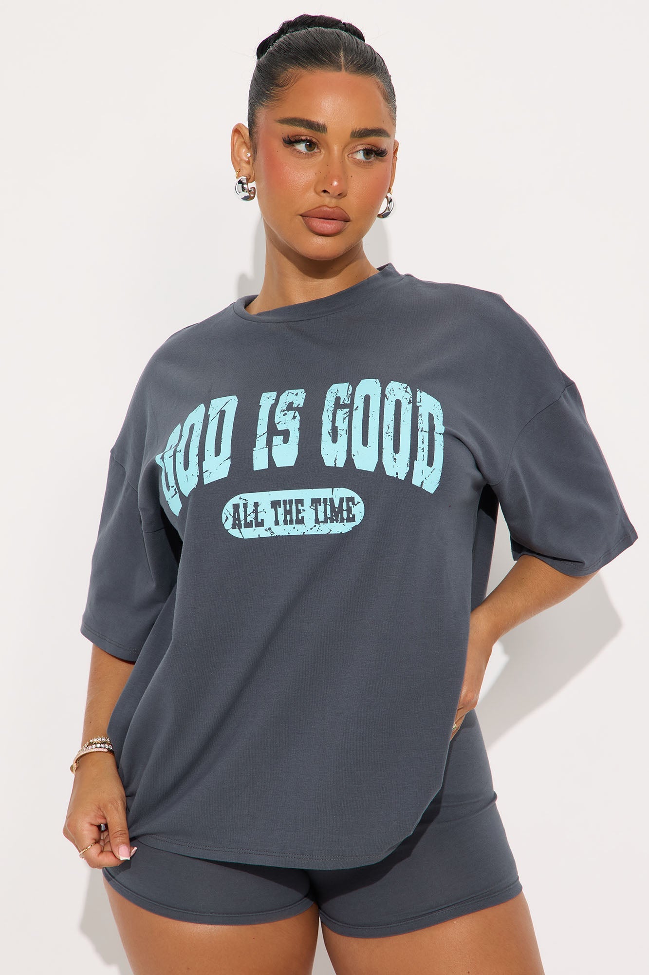 God Is Good Biker Short Set - Grey