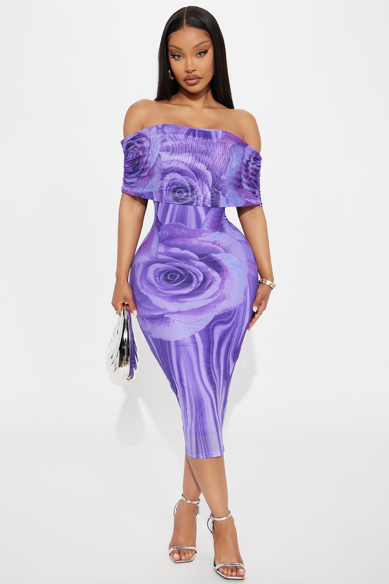 Rosey Mesh Floral Midi Dress - Purple