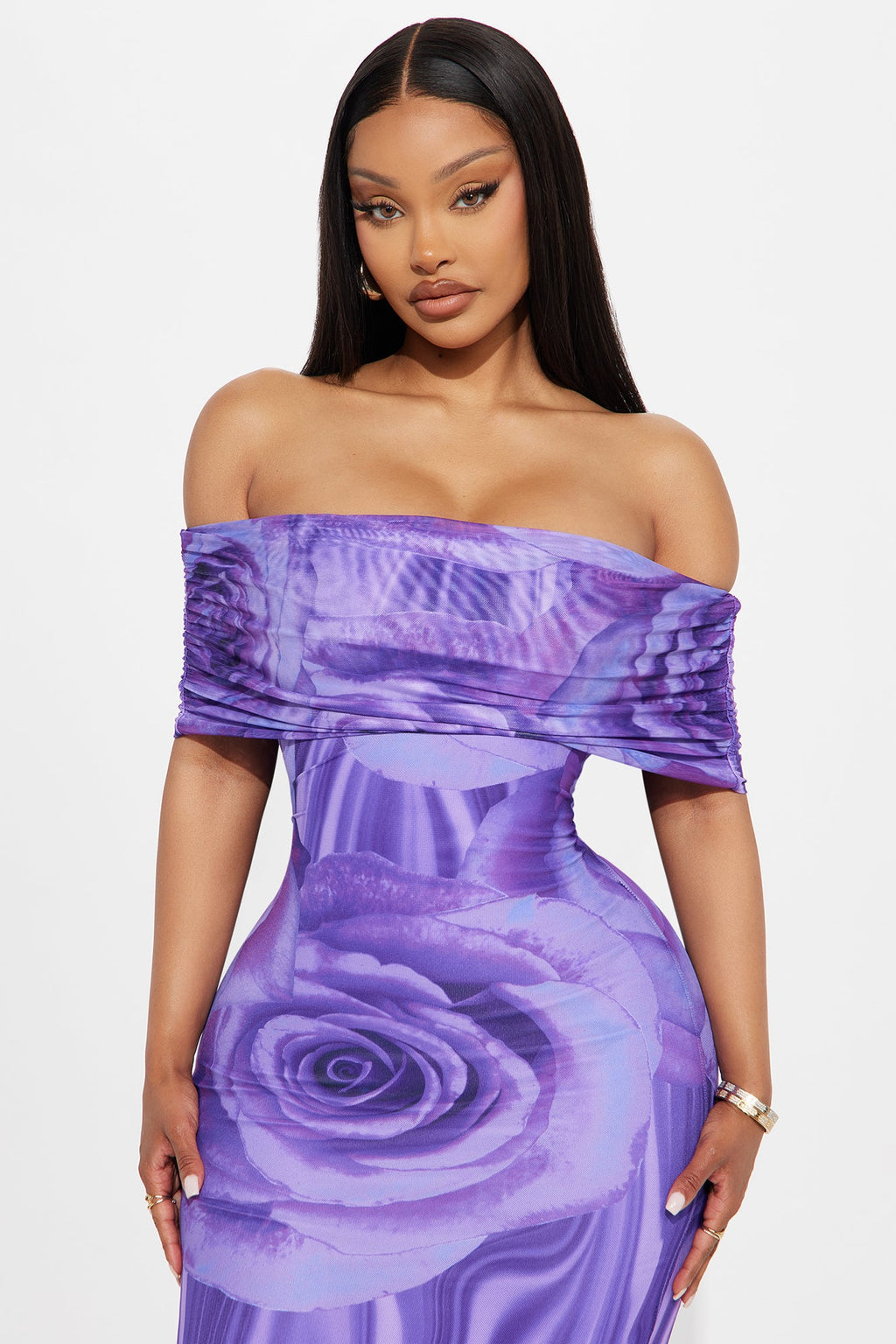 Rosey Mesh Floral Midi Dress - Purple