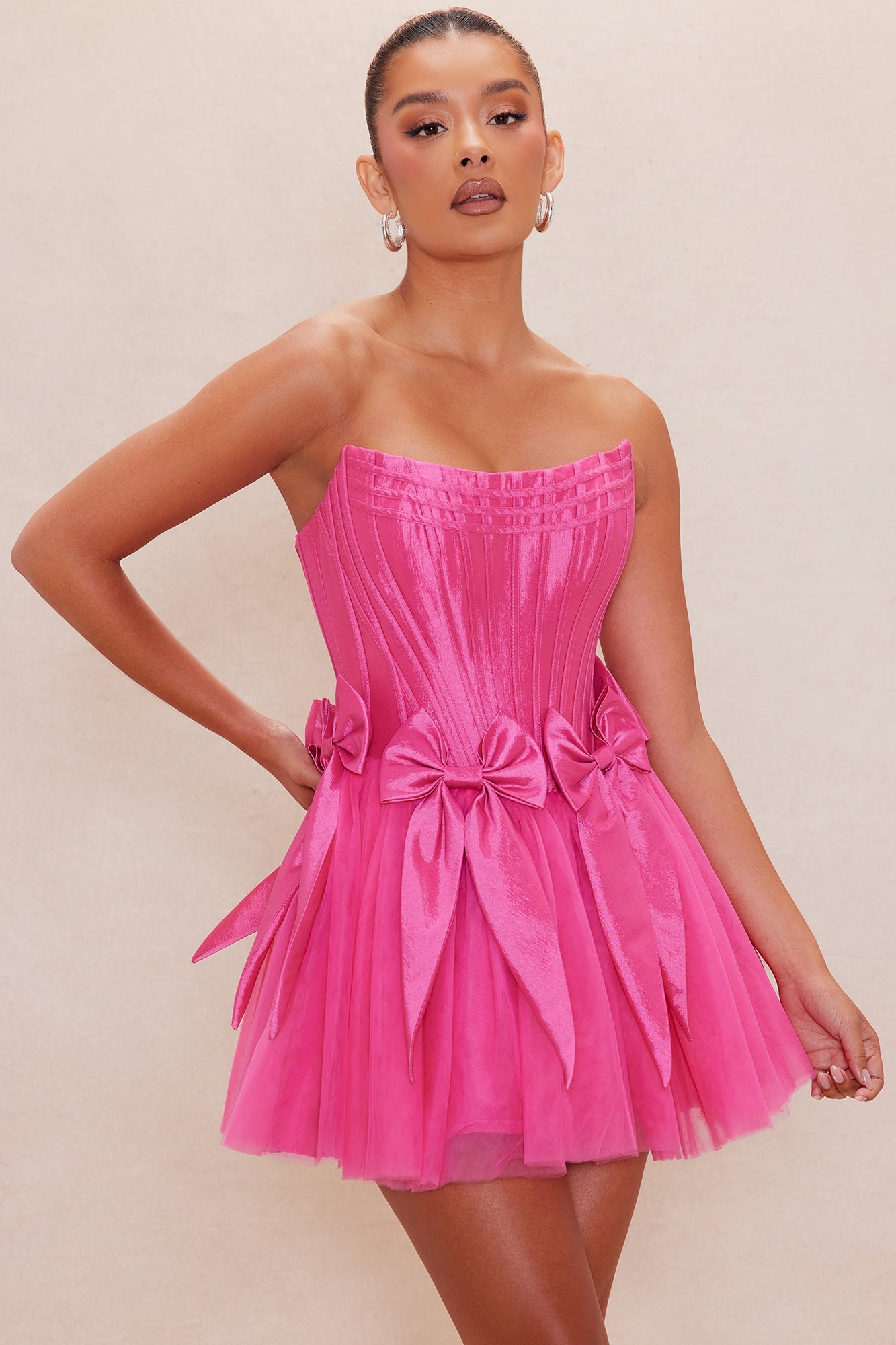 Brielle Bow Satin Mini Dress - Hot Pink