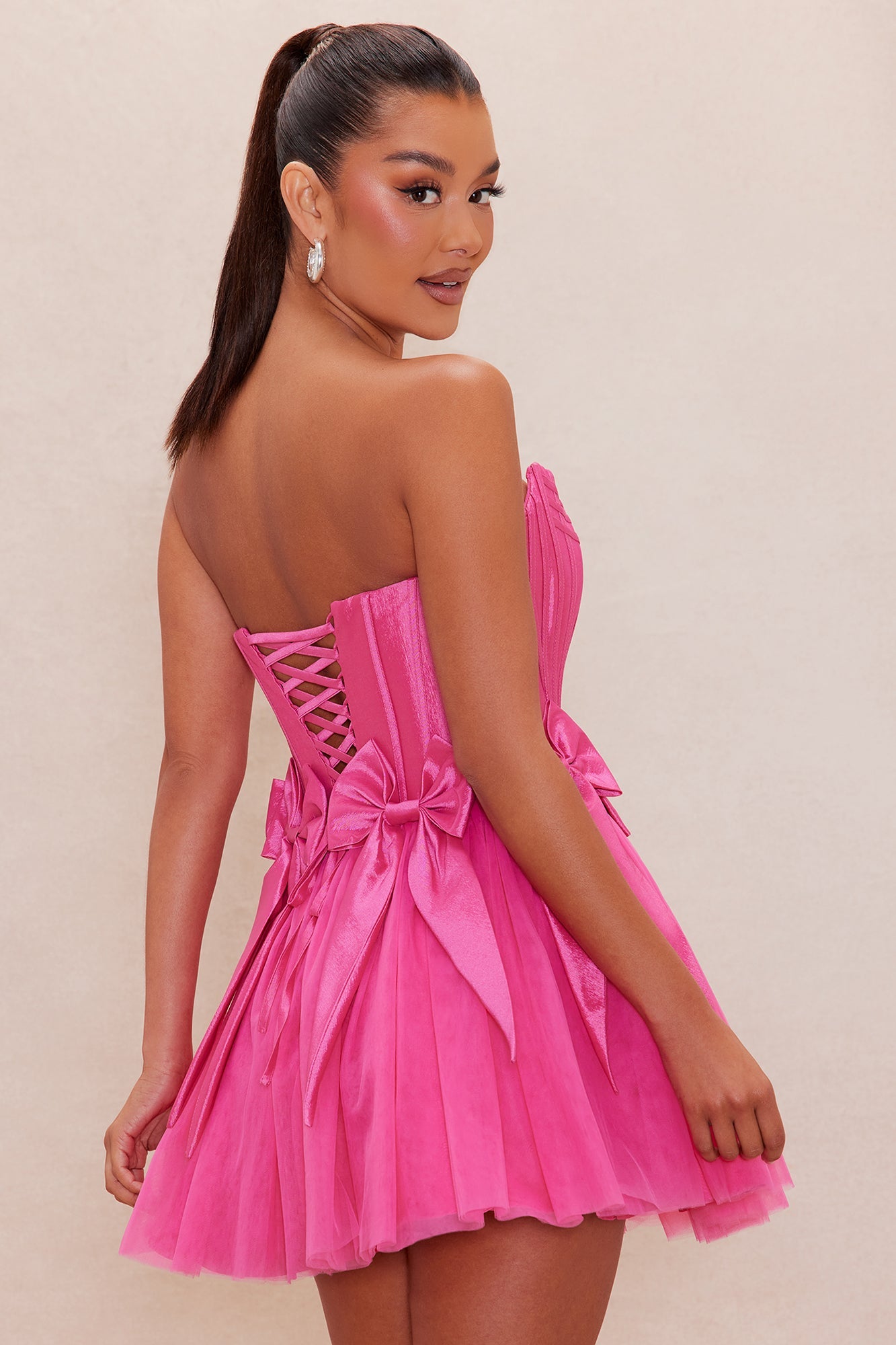 Brielle Bow Satin Mini Dress - Hot Pink