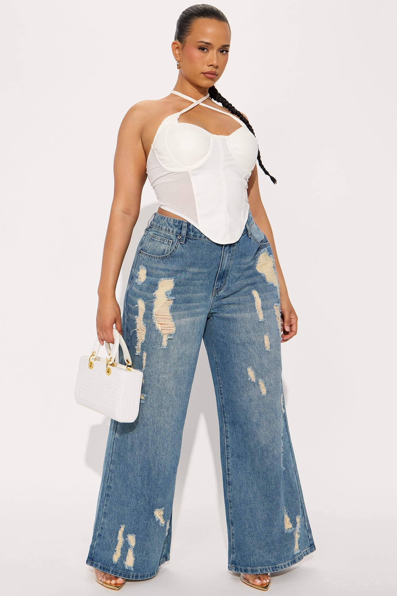 Kirbie Non Stretch Ripped Wide Leg Jean - Medium Wash