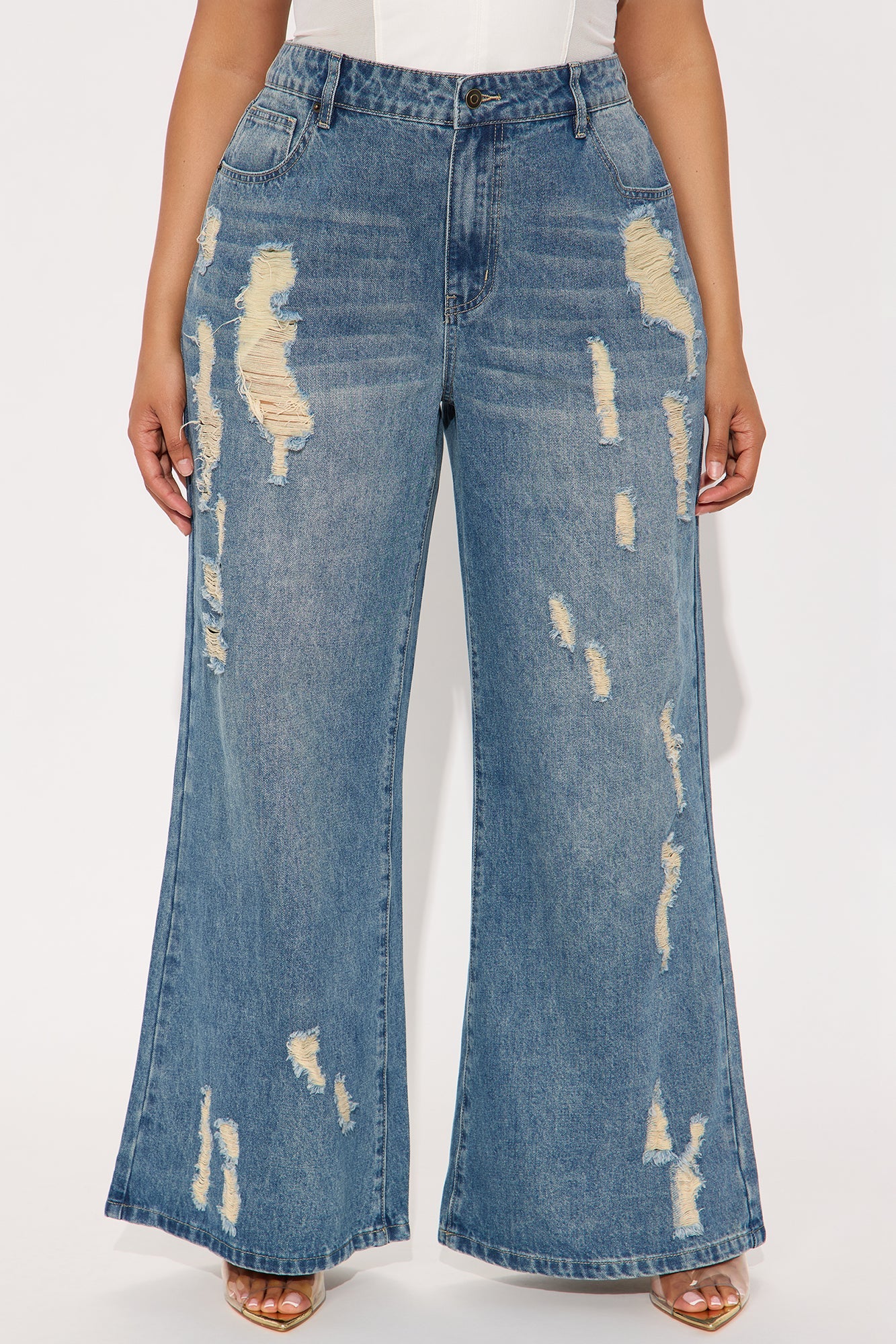 Kirbie Non Stretch Ripped Wide Leg Jean - Medium Wash