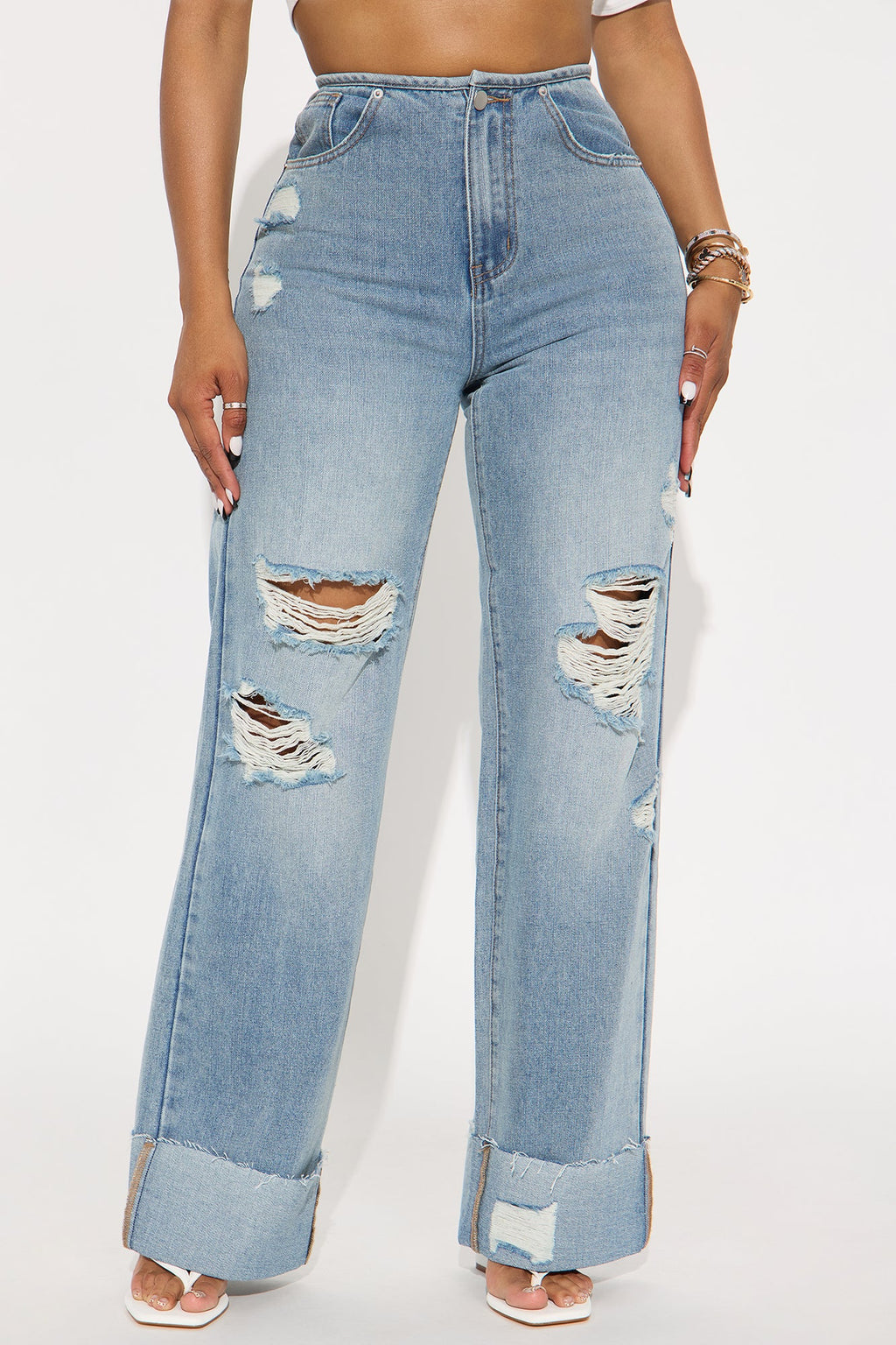 Model Status Destructed Cuffed Wide Leg Jeans - Light Wash