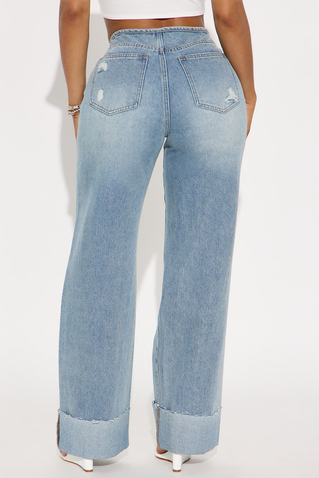 Model Status Destructed Cuffed Wide Leg Jeans - Light Wash