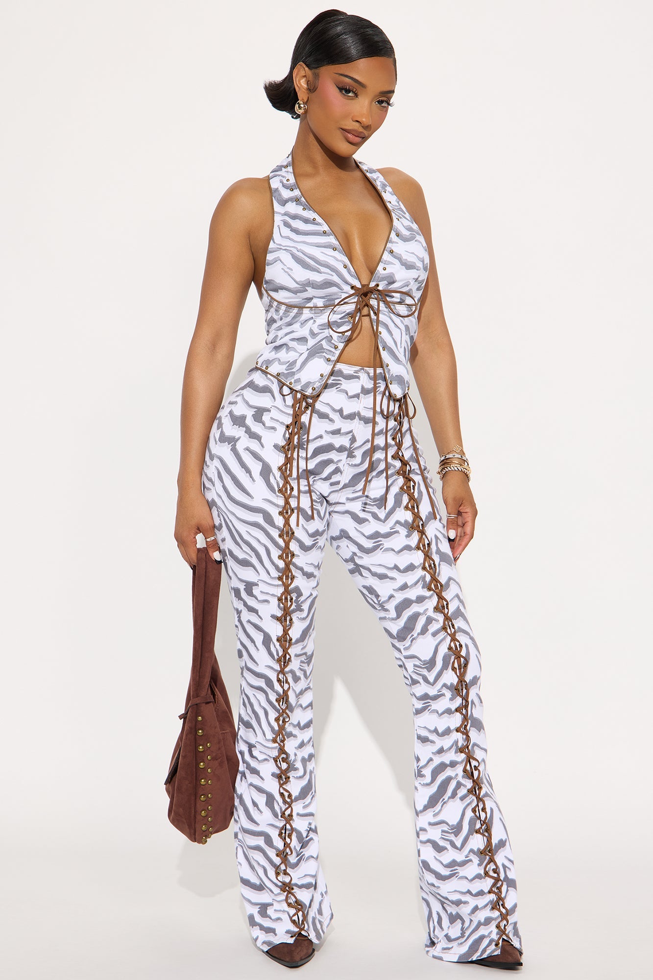 Zebra Rush Lace Up Flare Leg Pant Set - Grey/combo