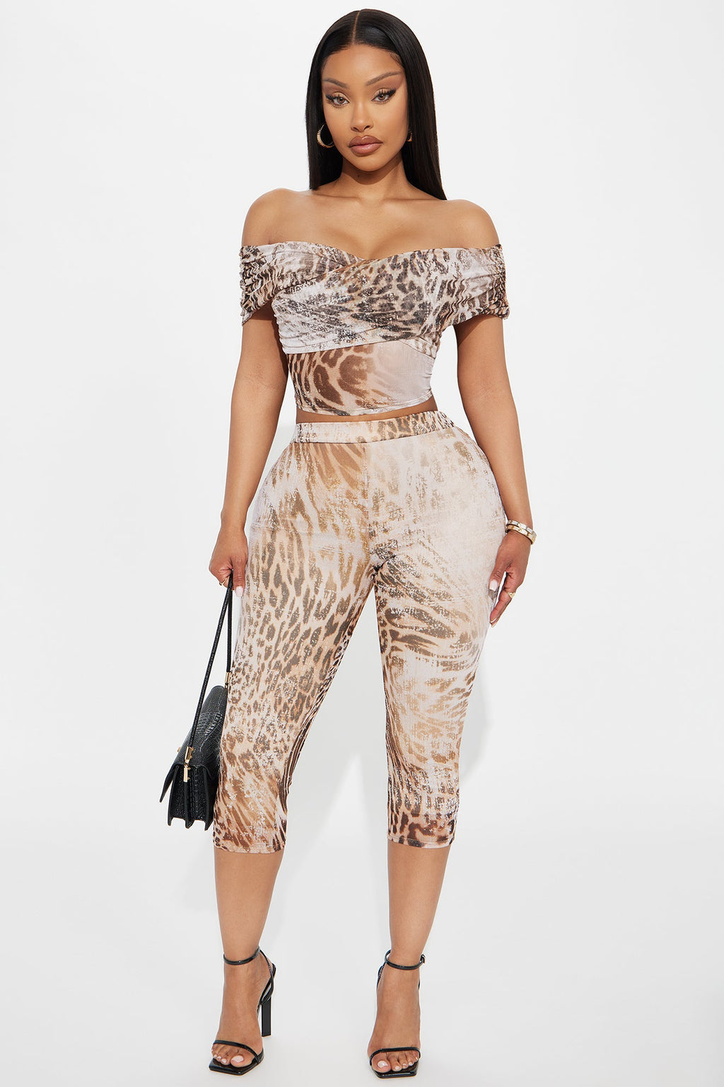 Feline Mesh Leopard Off Shoulder Capri Pant Set - Brown/combo