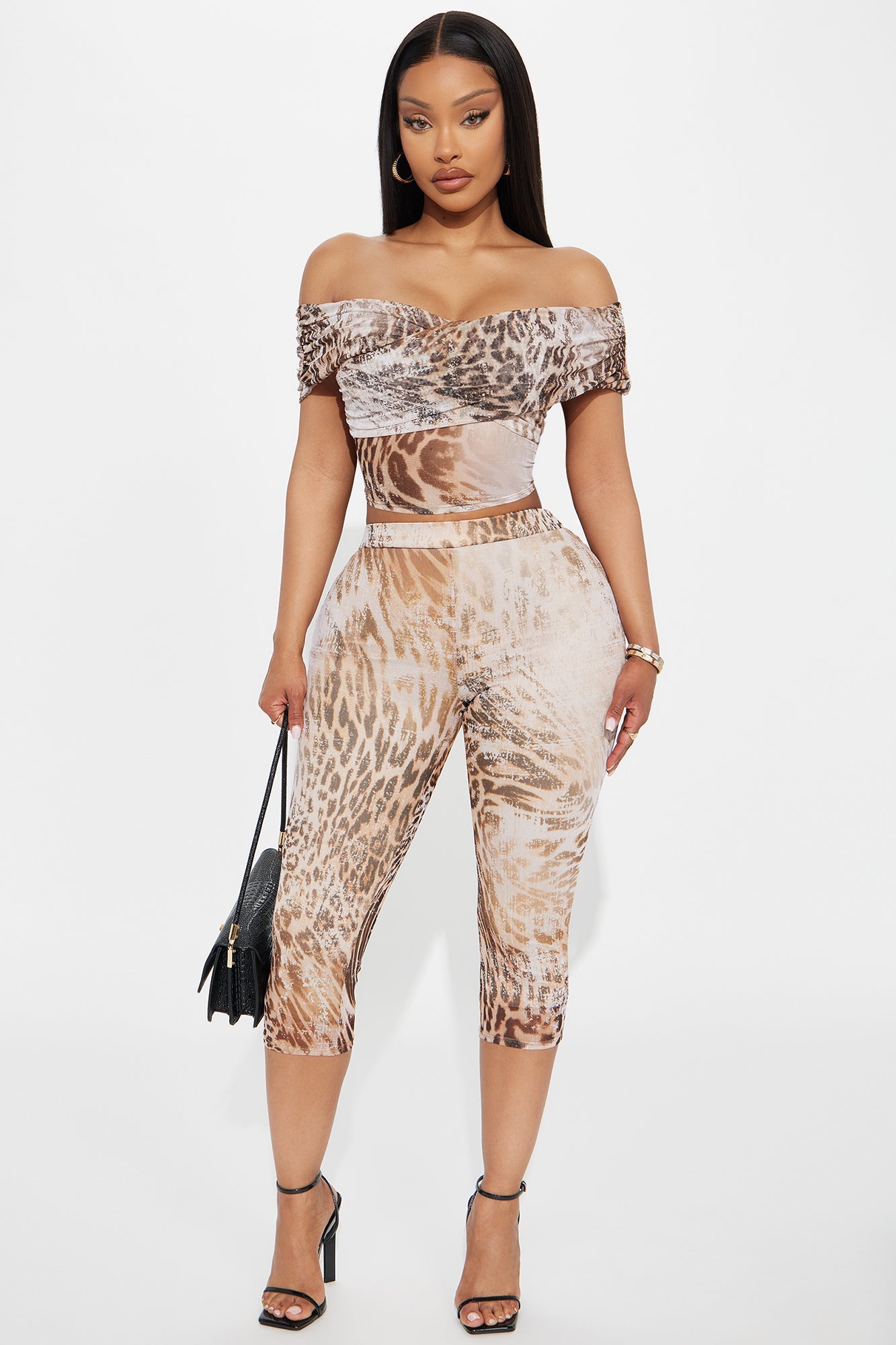 Feline Mesh Leopard Off Shoulder Capri Pant Set - Brown/combo