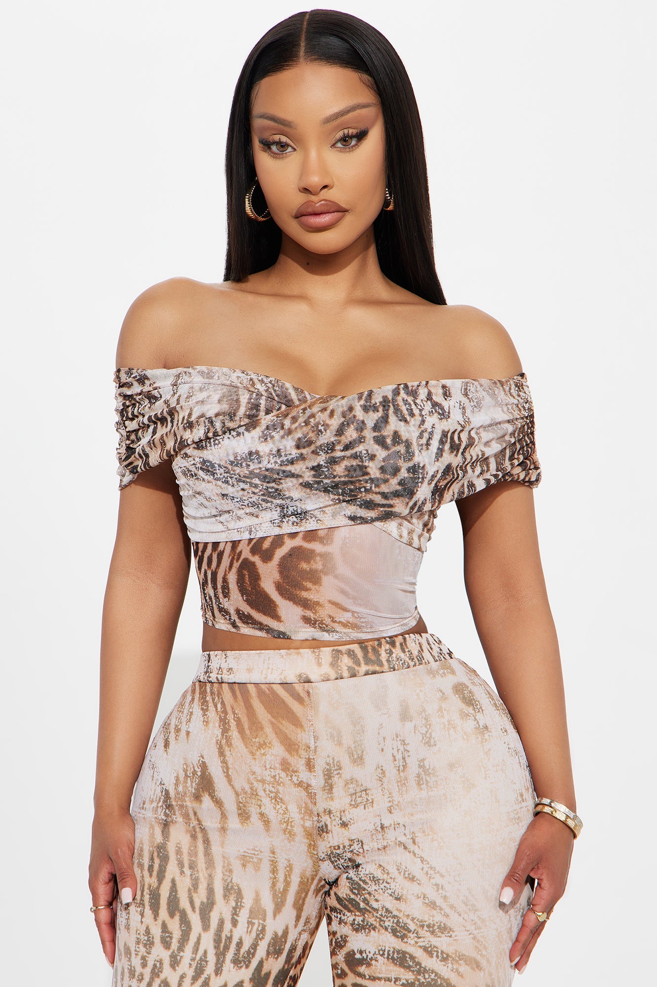 Feline Mesh Leopard Off Shoulder Capri Pant Set - Brown/combo
