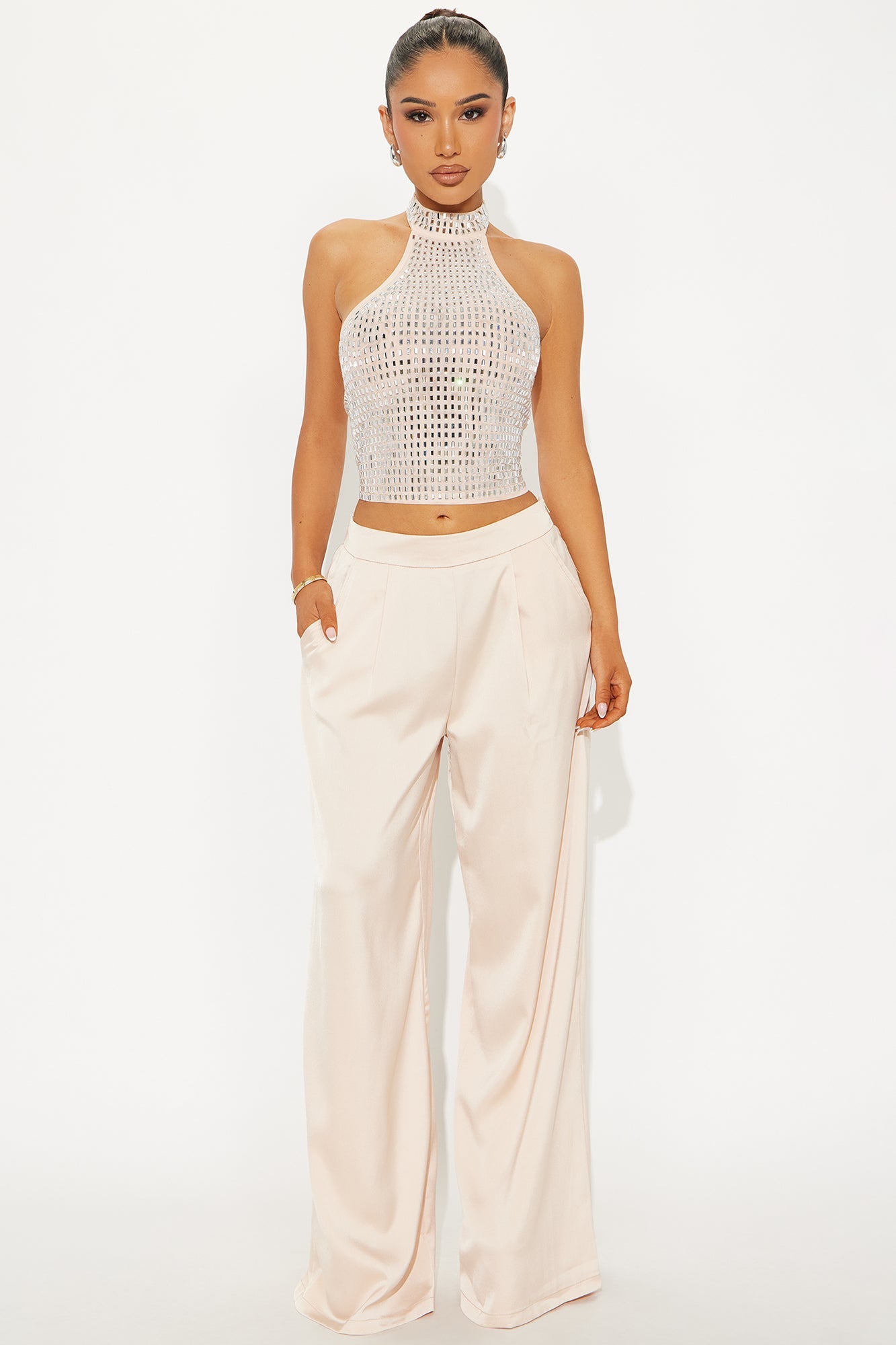 Glitz N Glow Satin Pant Set - Champagne