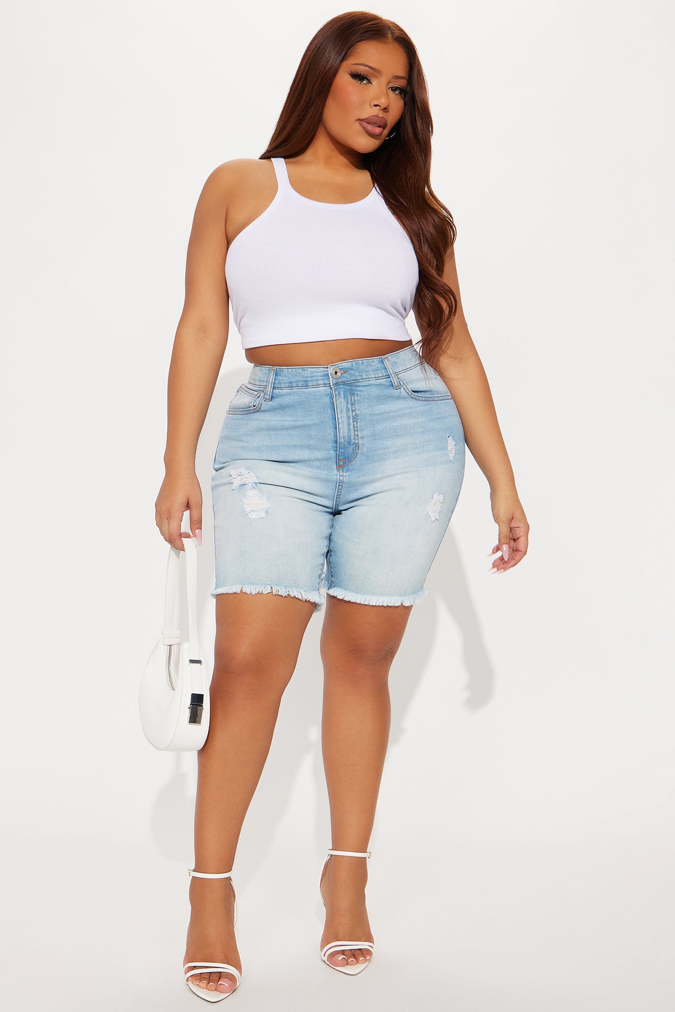 Adrian Mid Rise Distressed Denim Bermudas - Light Blue Wash