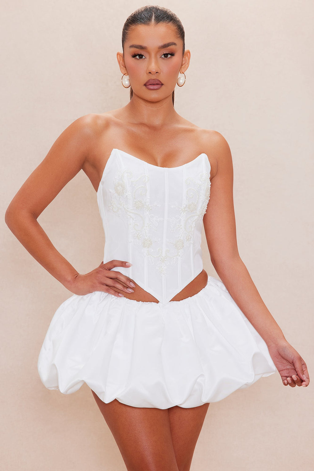 Katrina Satin Bubble Skirt Set - White