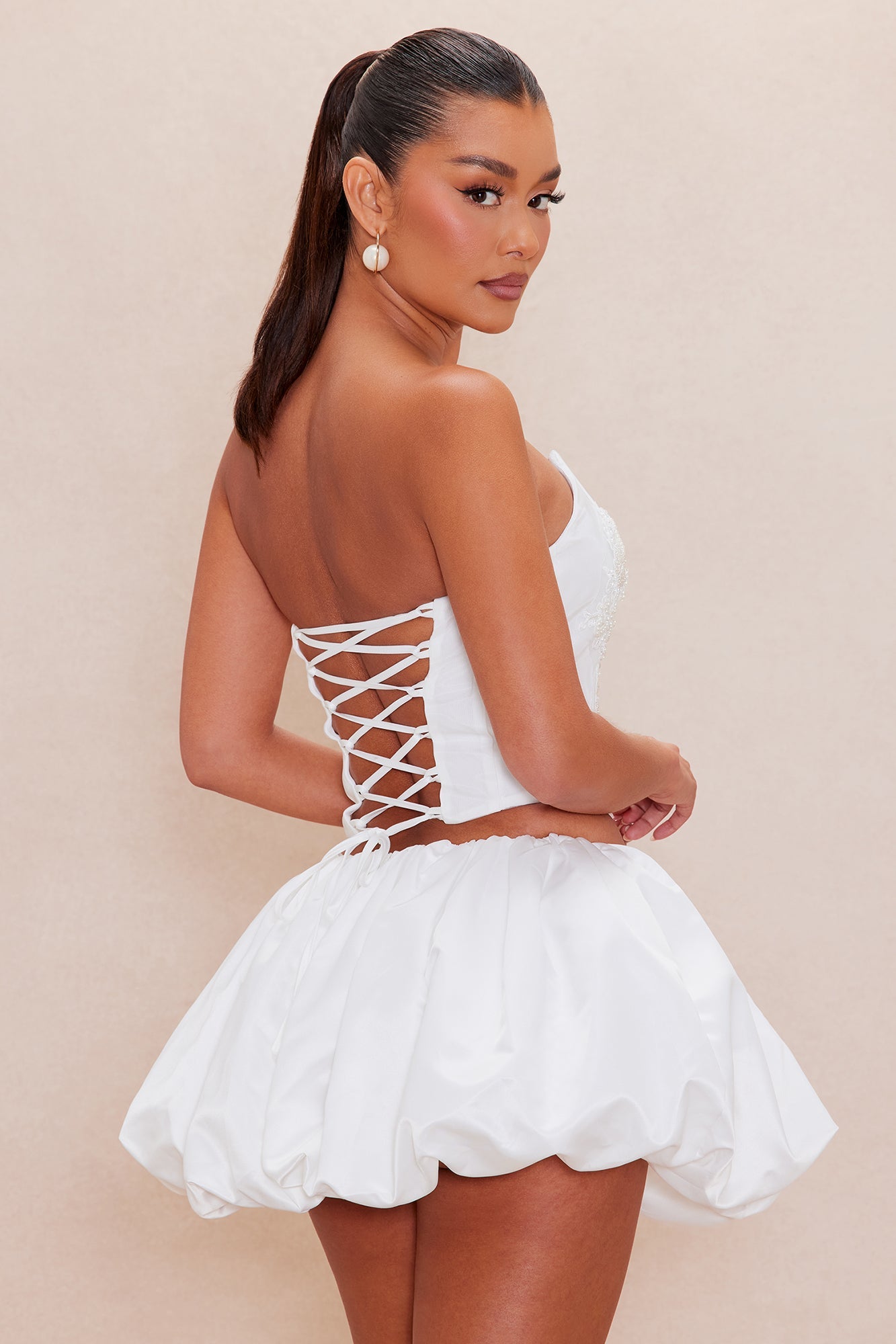 Katrina Satin Bubble Skirt Set - White