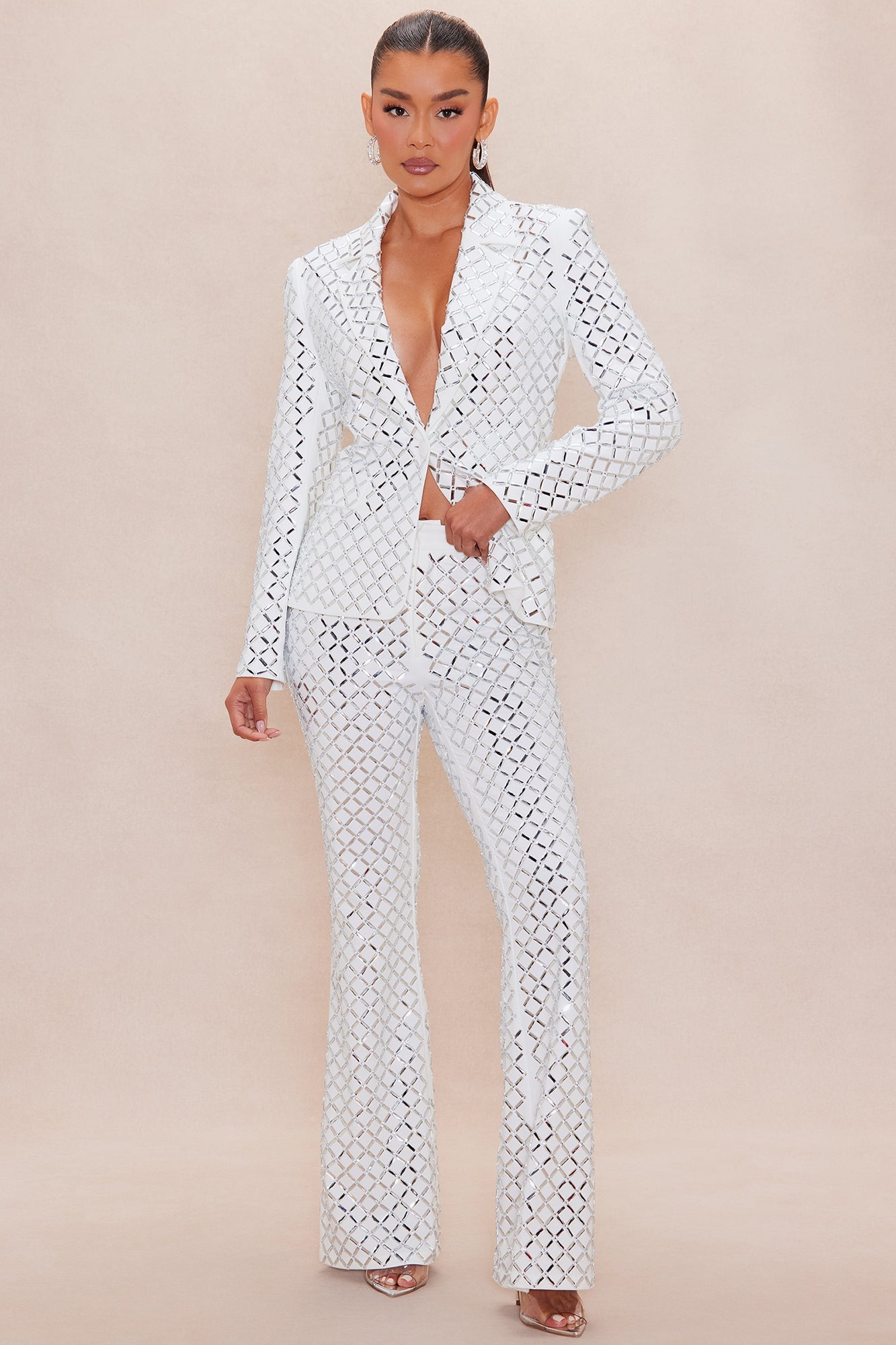 Koko Embellished Flare Pant - White