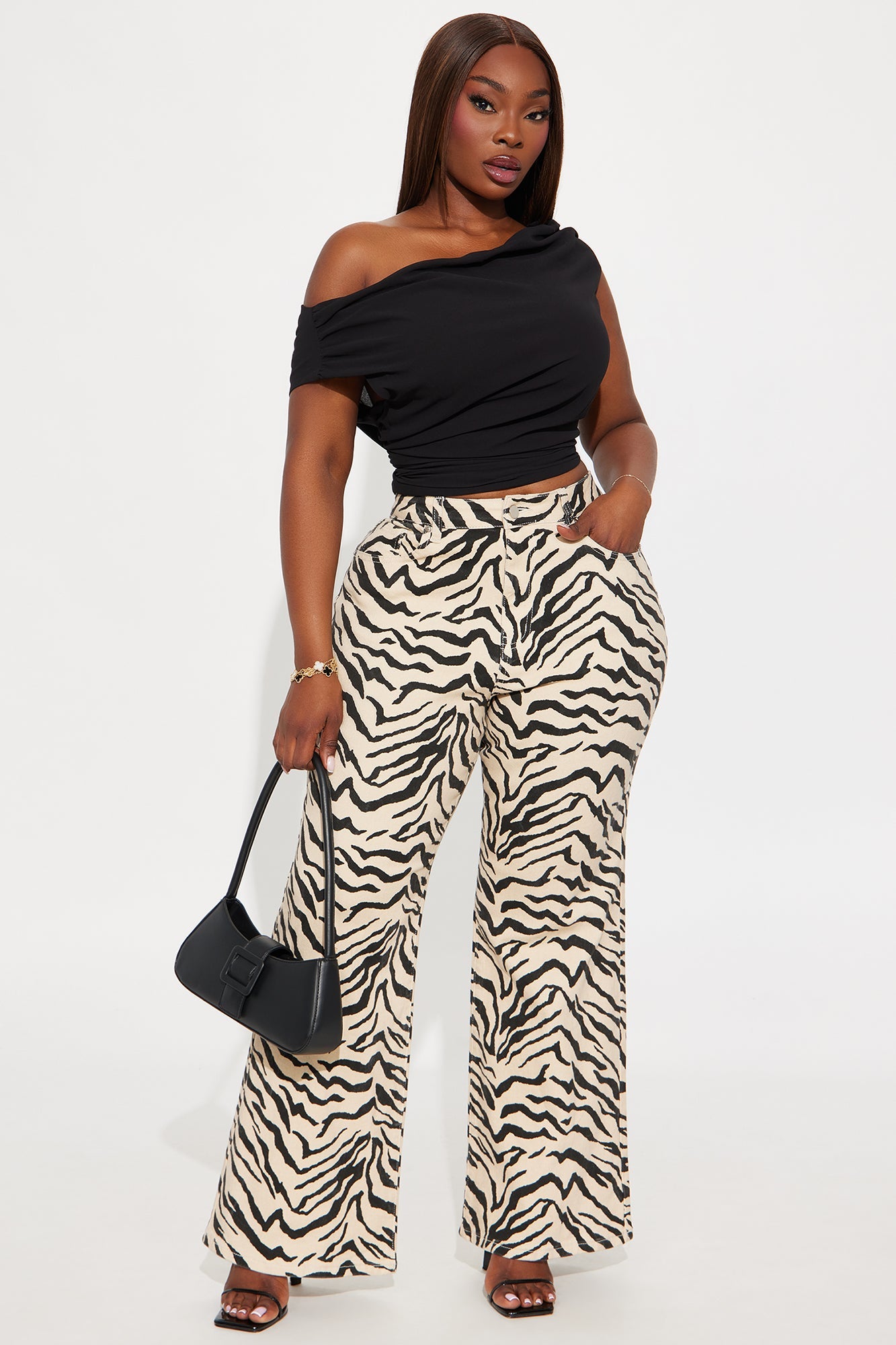 Savanna High Rise Printed Flare Jeans - Cream/combo