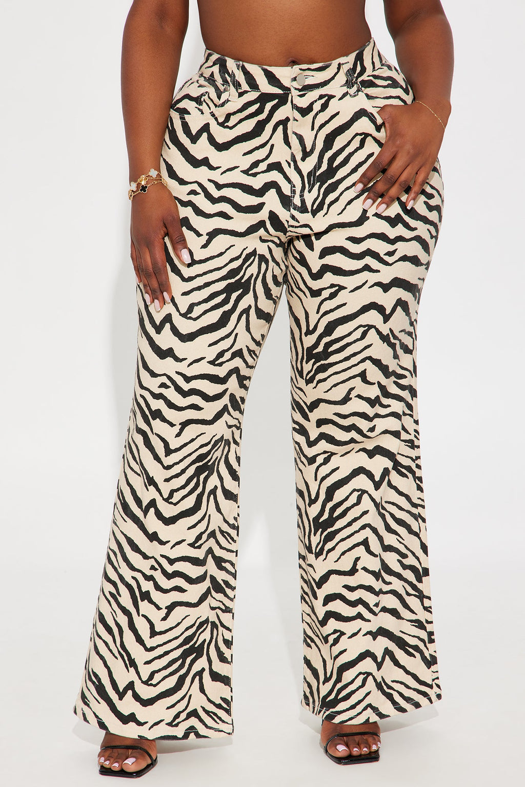 Savanna High Rise Printed Flare Jeans - Cream/combo
