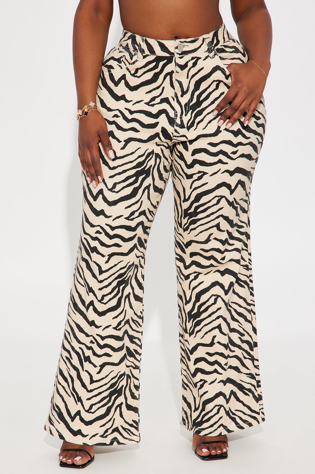 Savanna High Rise Printed Flare Jeans - Cream/combo
