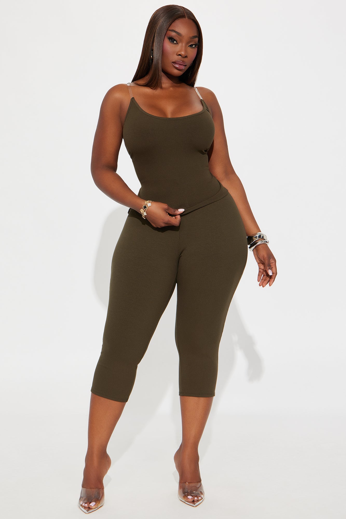 See Through Me Clear Strap Capri Set - Olive