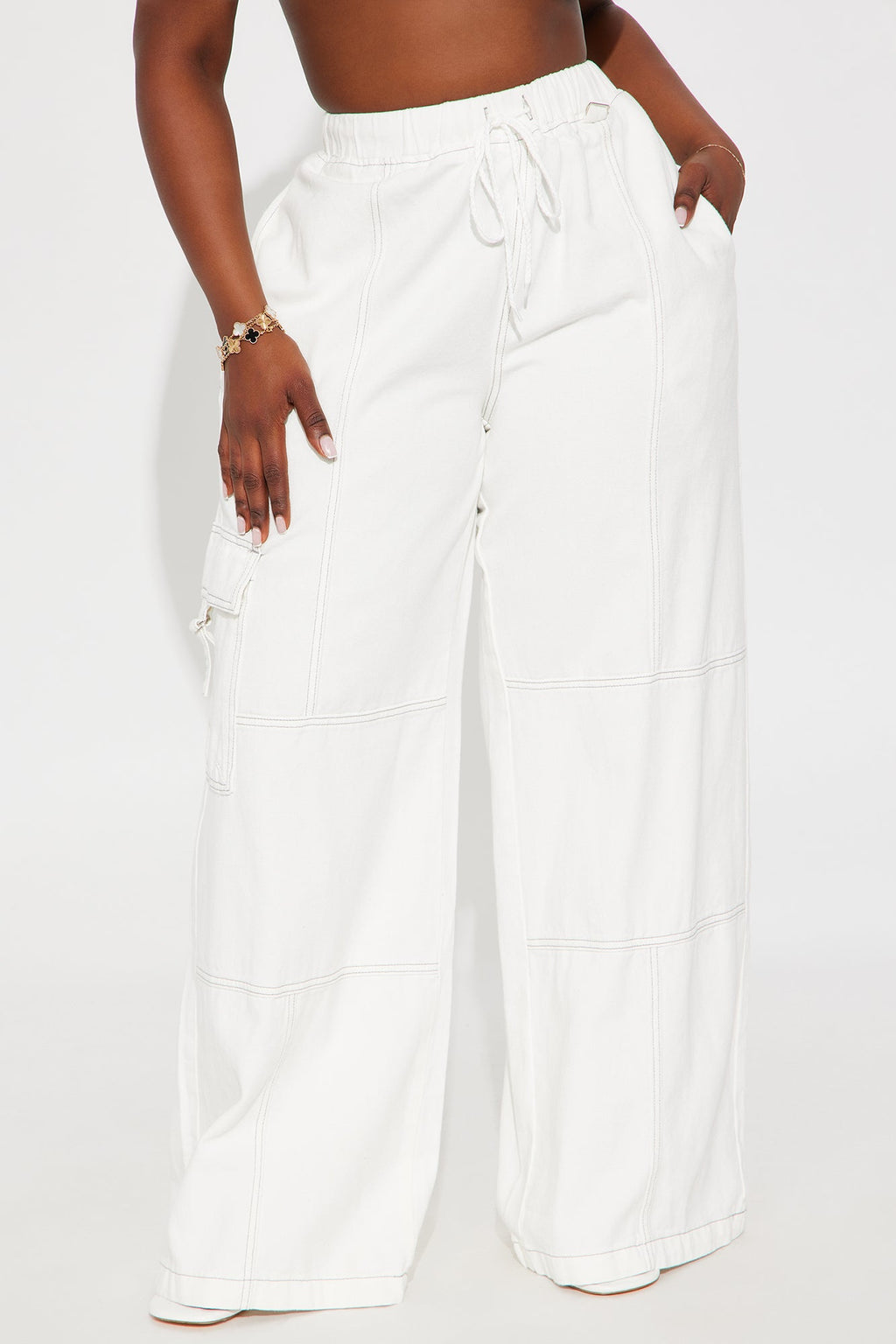 On The Go Cargo Wide Leg Jeans - White