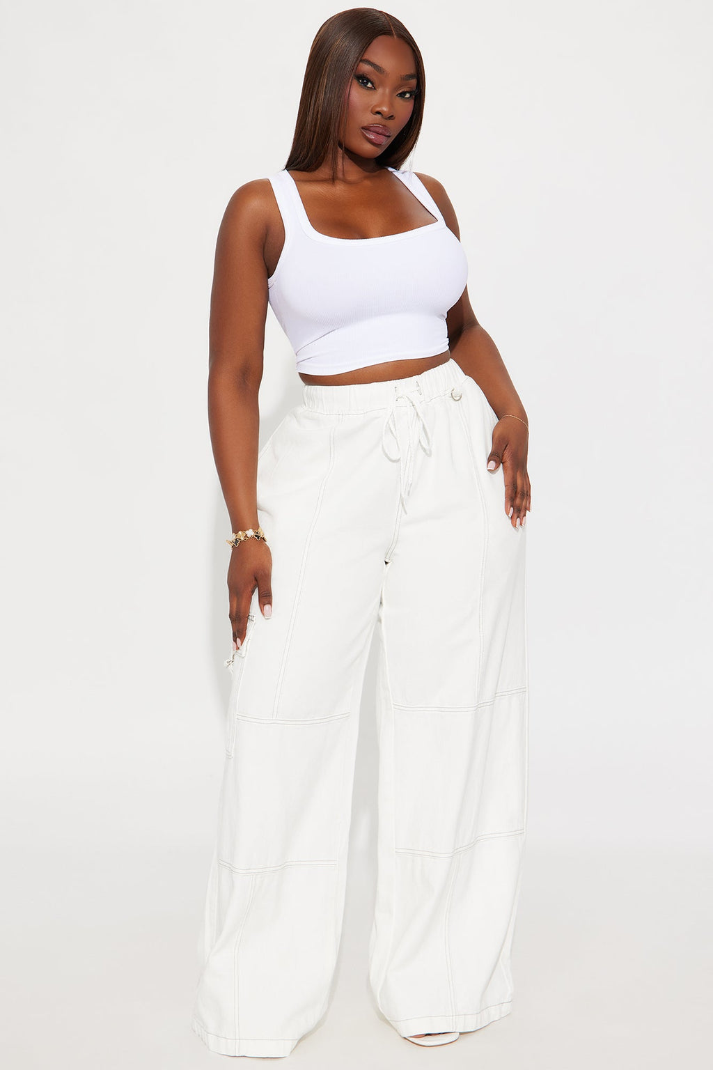 On The Go Cargo Wide Leg Jeans - White