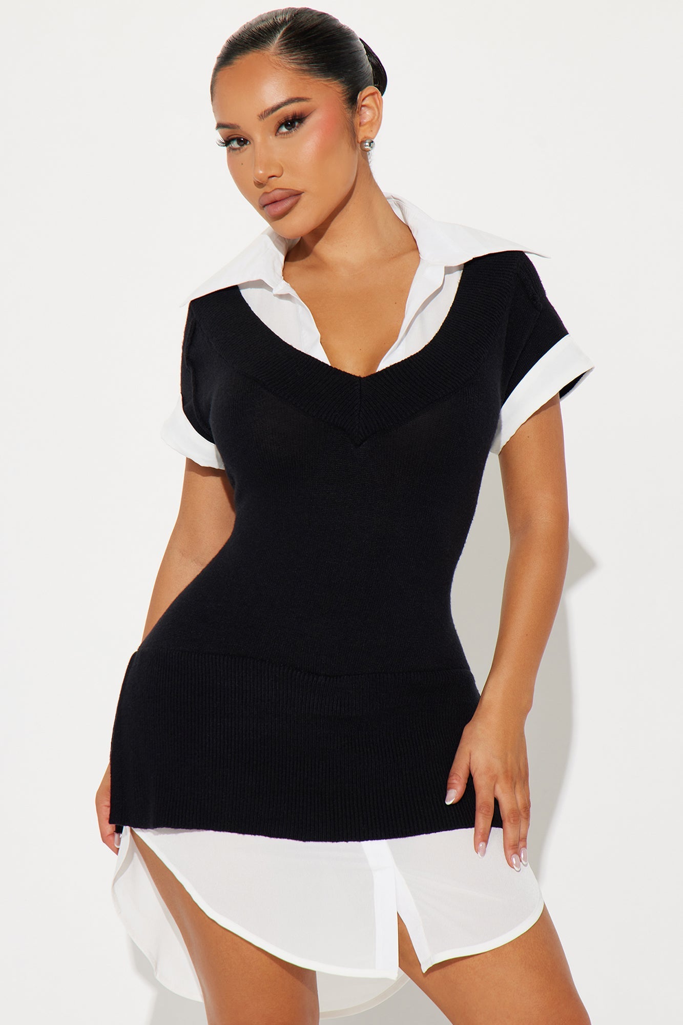 Tali Button Up Sweater Mini Dress - Black/White