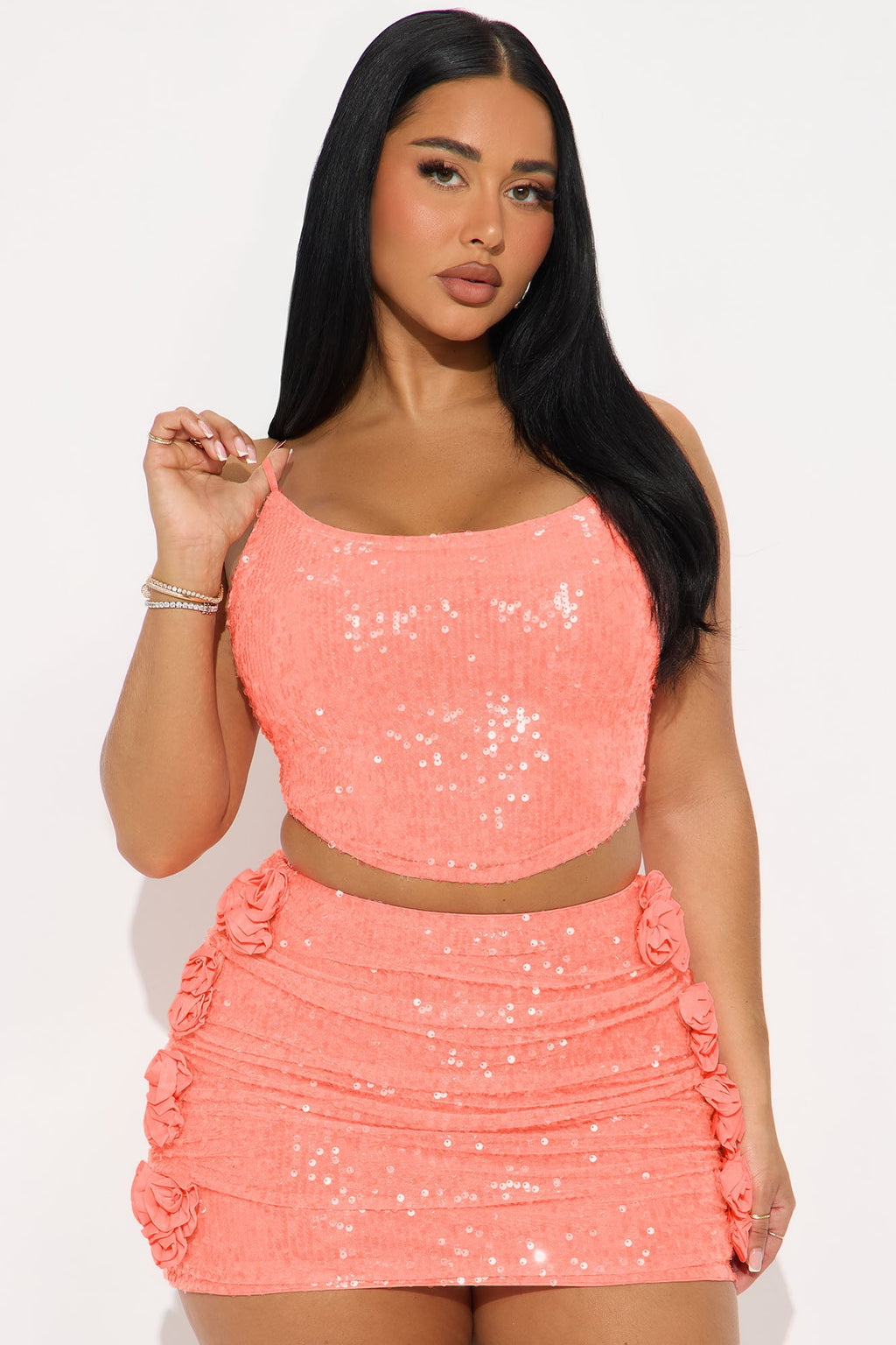 Radiant Rose Sequin Skirt Set - Coral