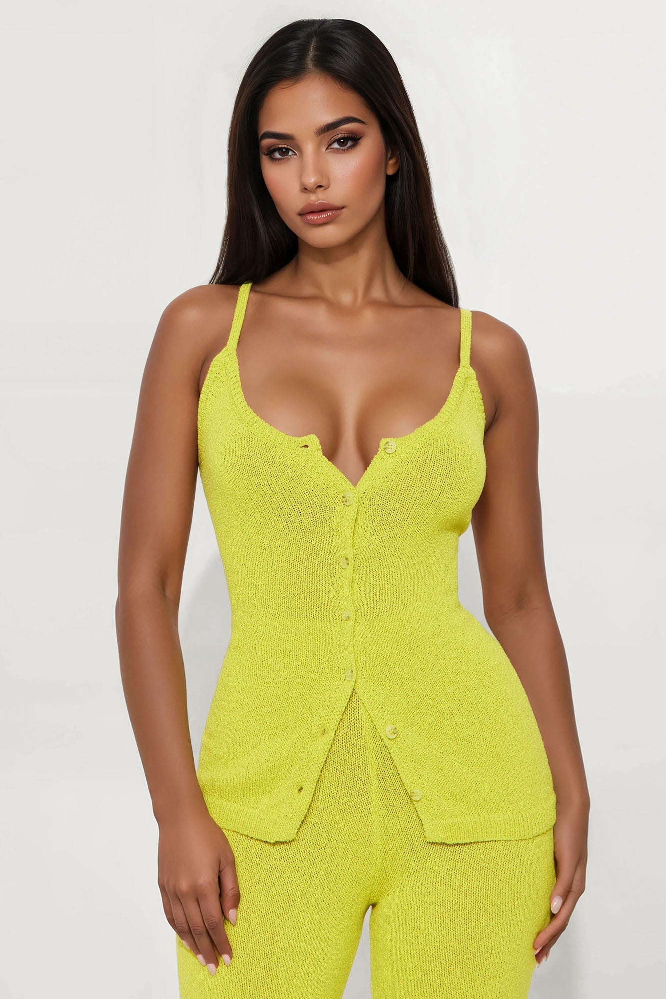 Bella Button Front Knit Pant Set - Chartreuse